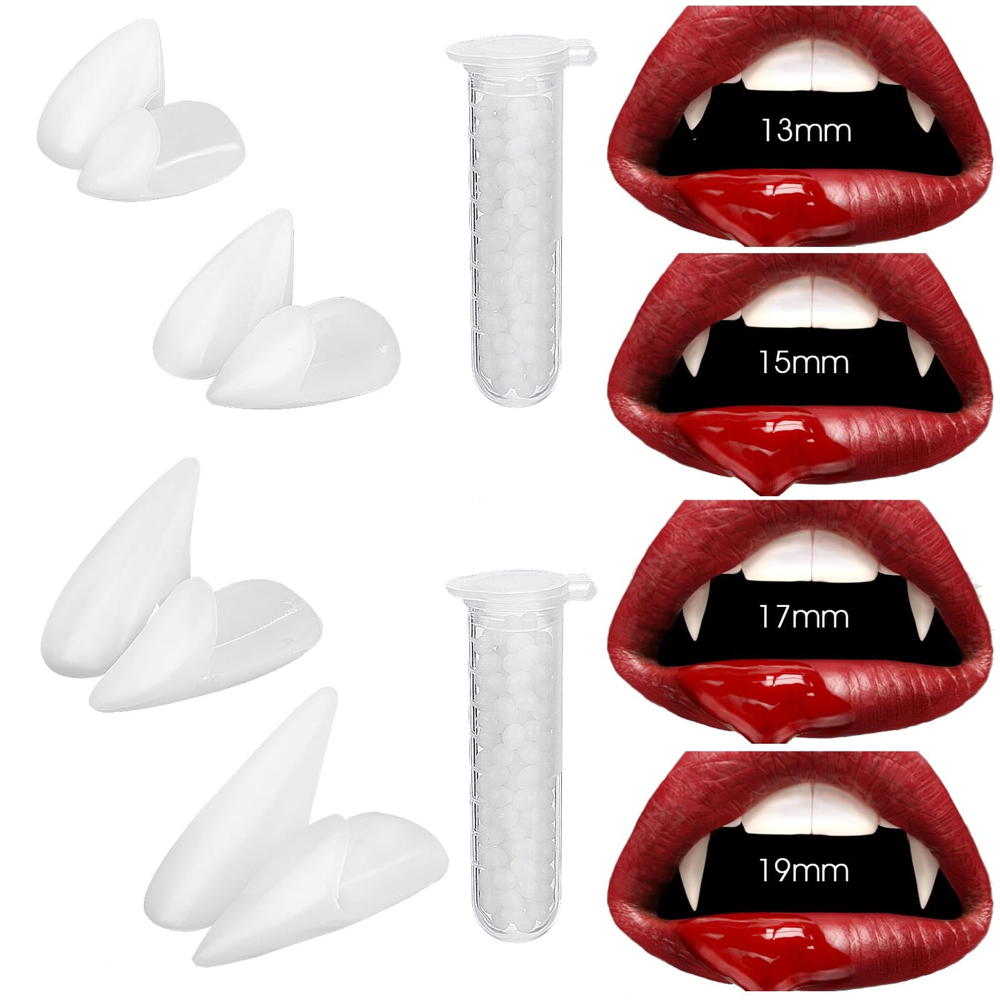 Amaxiu Vampire Fangs Teeth, Halloween Vampire Tooth Horror Fake Teeth with 2 Tube Teeth Adhesive Pellet Halloween Cosplay Party Fangs Props(4 Pairs, 13/15/17/19mm)