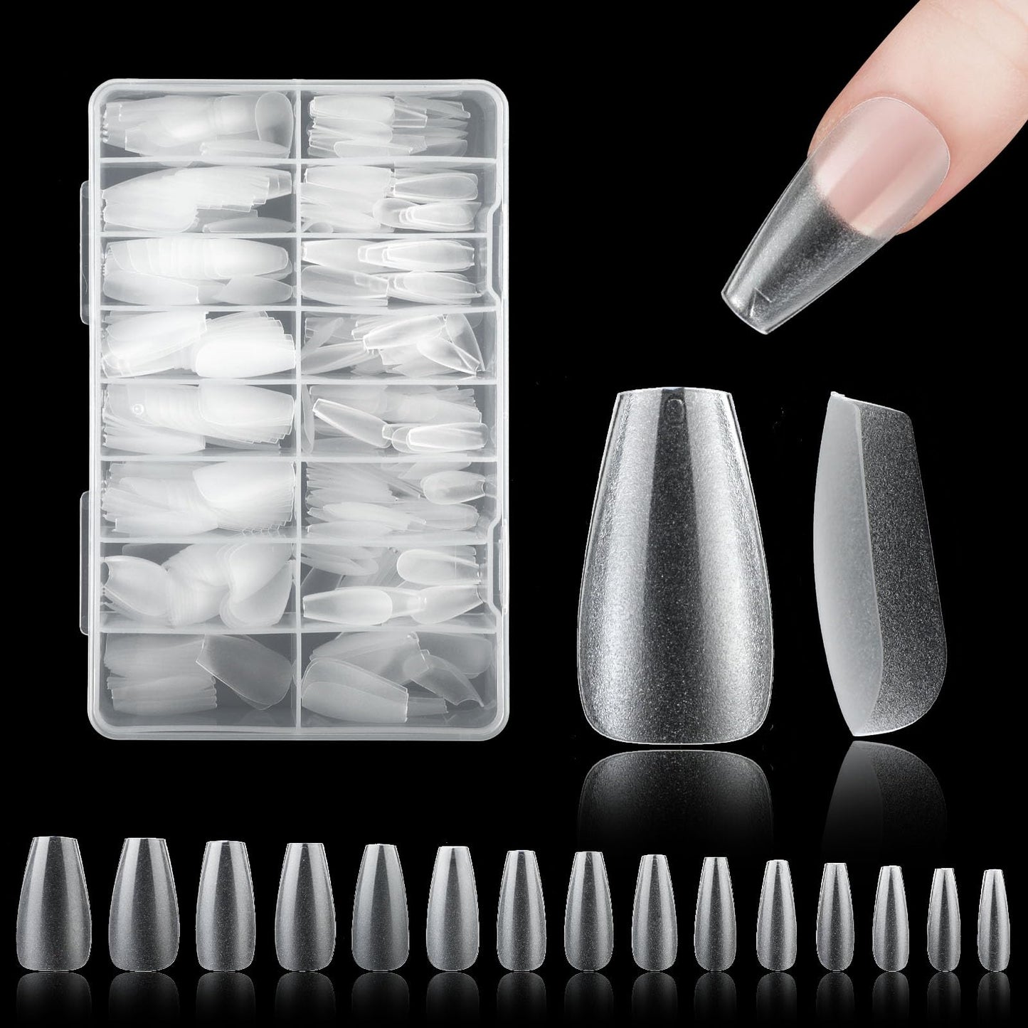 cobee PMMA False Press on Nails Long, 450pcs Pre-Etched Soft Gel Clear Matte Nail Tips 2mm Ultra Thin Full Cover Fake Nail Tips for Extension Nart Salon or Home DIY Nail Art, 15 Sizes(Trapezoid)