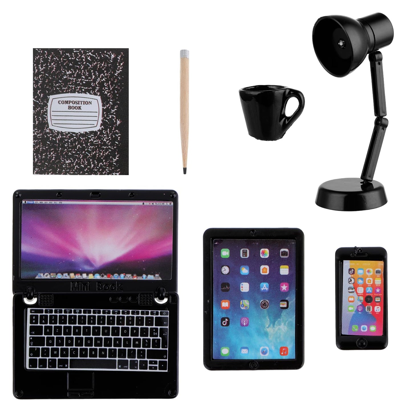 TIESOME Dollhouse Miniature Laptop Set, 7 Pcs Simulation Computer Phone Desk Lamp Miniatures, Black (Plastic, 12 scale, 1.8x1.22in Laptop)