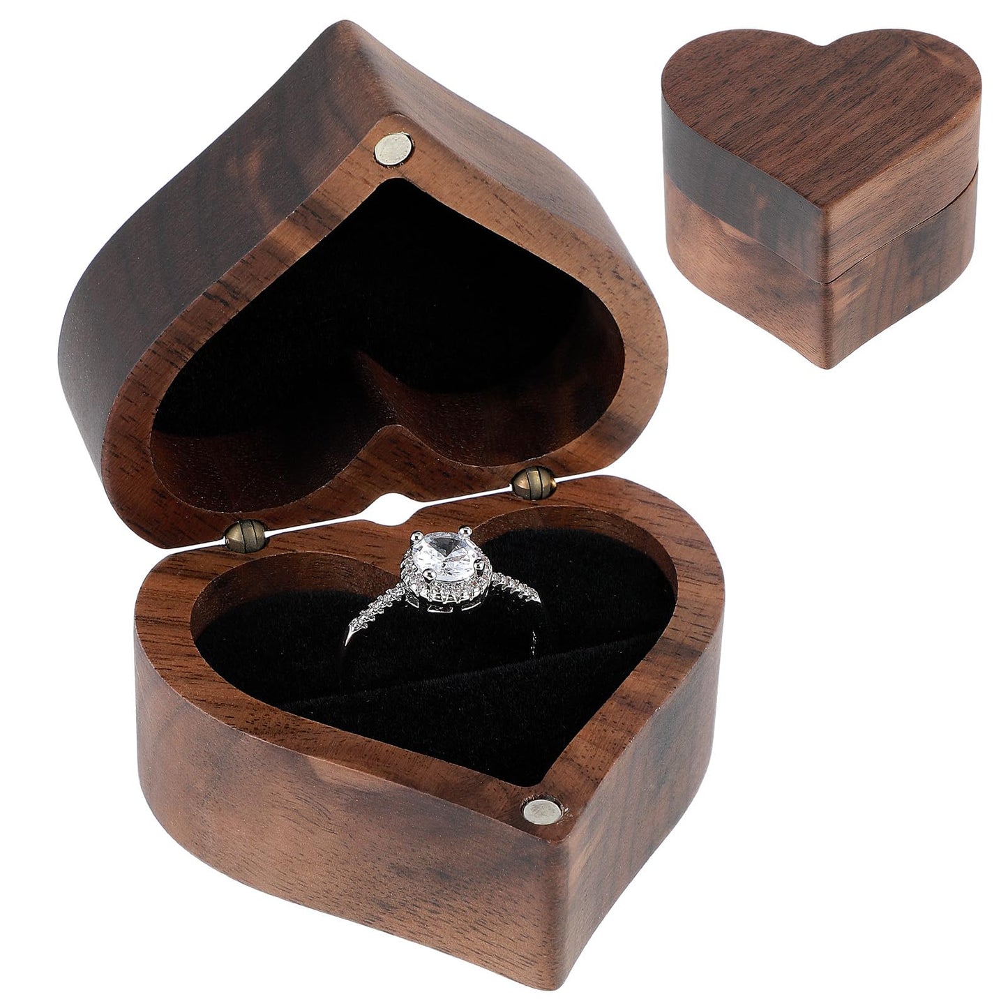 Yuanchu Walnut Wooden Ring Box, Heart-Shaped Ring Box, Vintage Ring Box, Velvet Soft Interior Holder, Ring Box, Earrings, Jewellery Box Made of Wood for Wedding, Engagement, Marriage Proposal,