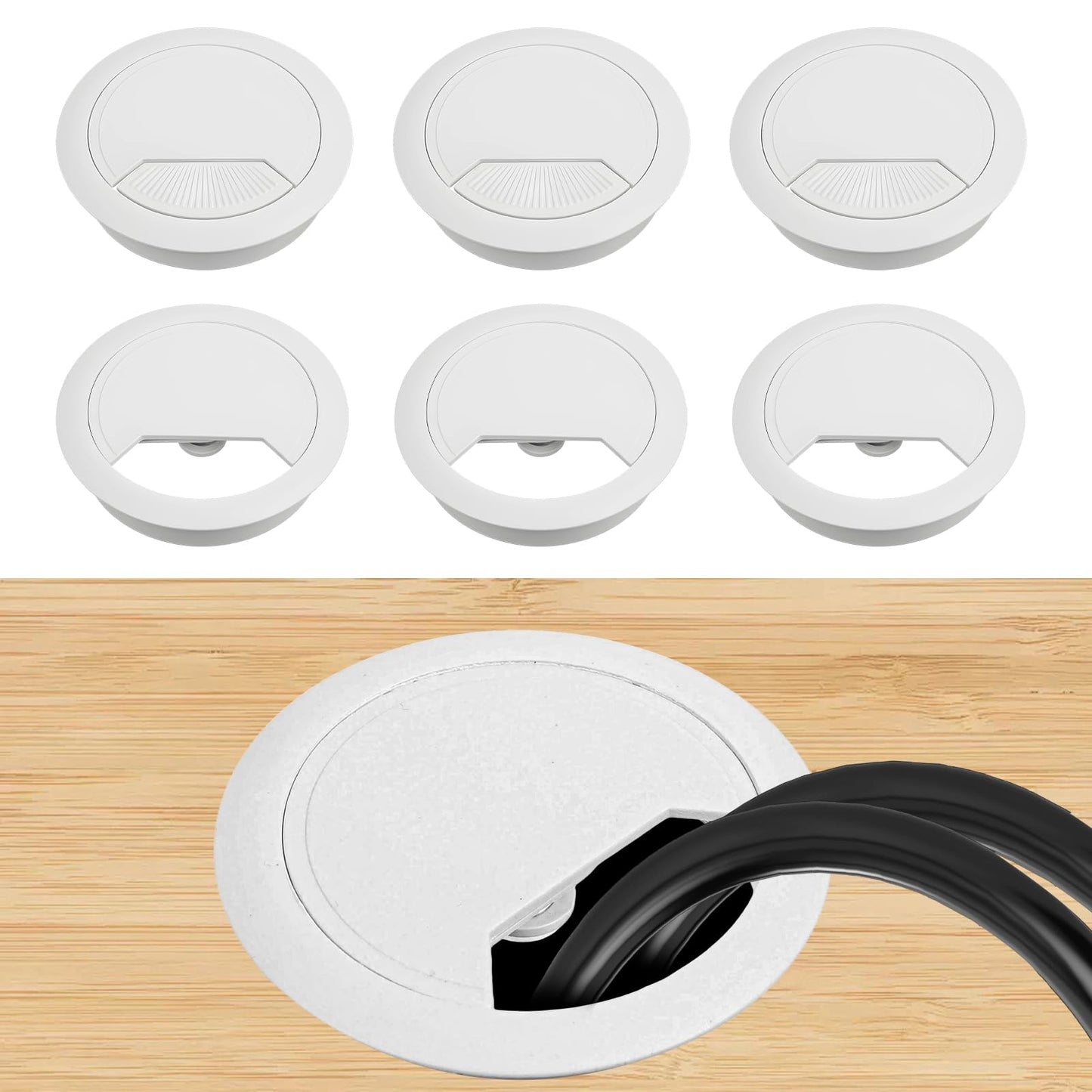 WJIAAA Pack of 6 Cable Grommet Desk, Cable Pass 60 mm Plastic Desk Cable Grommet Table Round for Table Office Desks Cable Grommets (White)