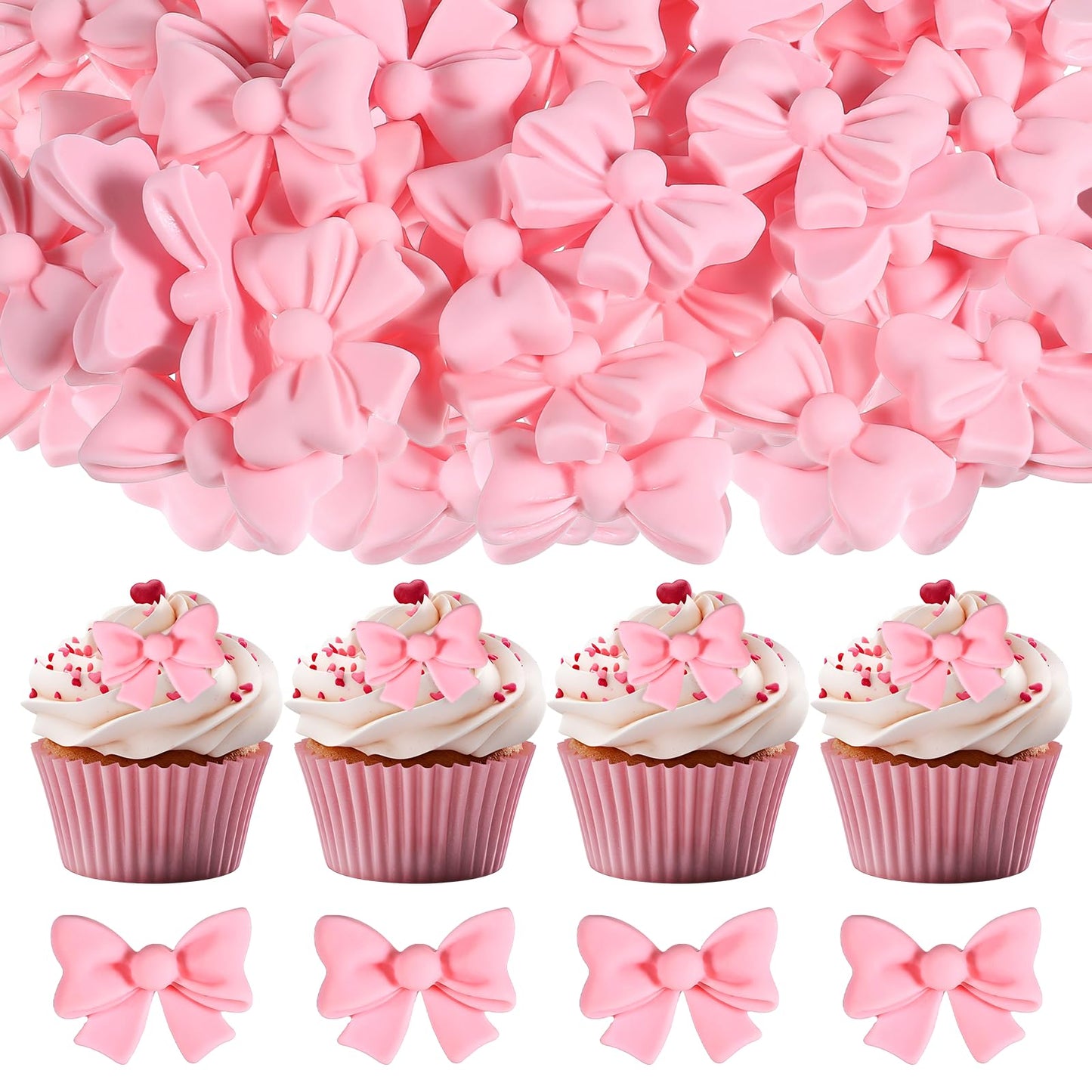 SHENLIU 50Pcs Pink Bow Cupcake Toppers, Pink Bowknot Cake Decorating Birthday Cake Decorations for Bridal Engagement Wedding Baby Shower Party (Not Edible)