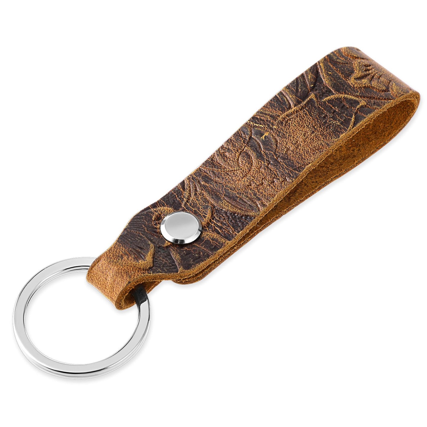 simarro Genuine Leather Car Keychain, Universal Carved Keychain Pendant Anti-Lost Car Key Chains with Keyrings Home Key Ring Strap Holder Lanyard for Women and Men (Brown)