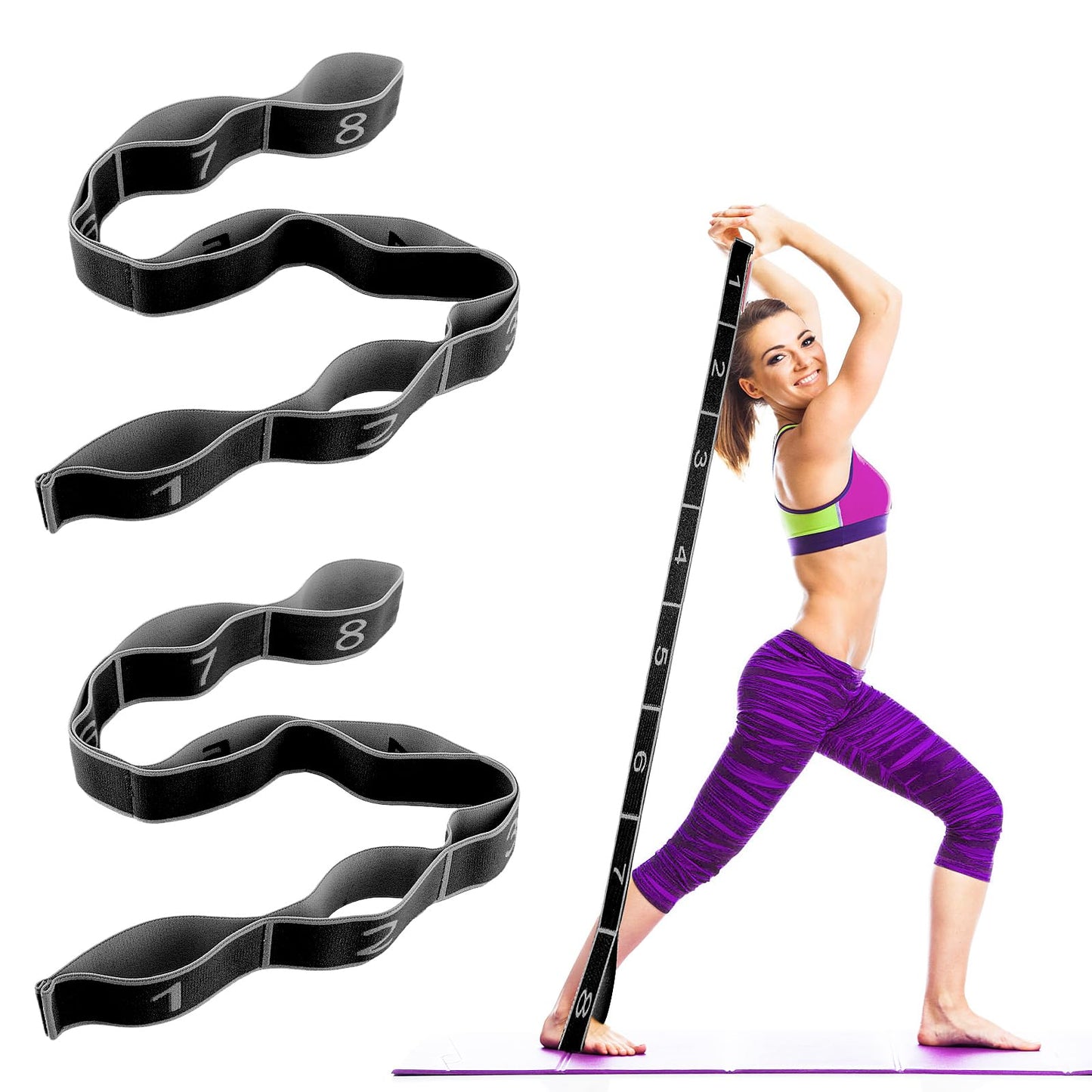 Amabro Stretch Yoga Strap, 2PCS Flex Elastic Straps with 8 Numbered Loops Exercise Stretcher Strap Stretching Band Belt for Pilates Dance Gymnastics Kids Assistance Sport Equipment (Black)