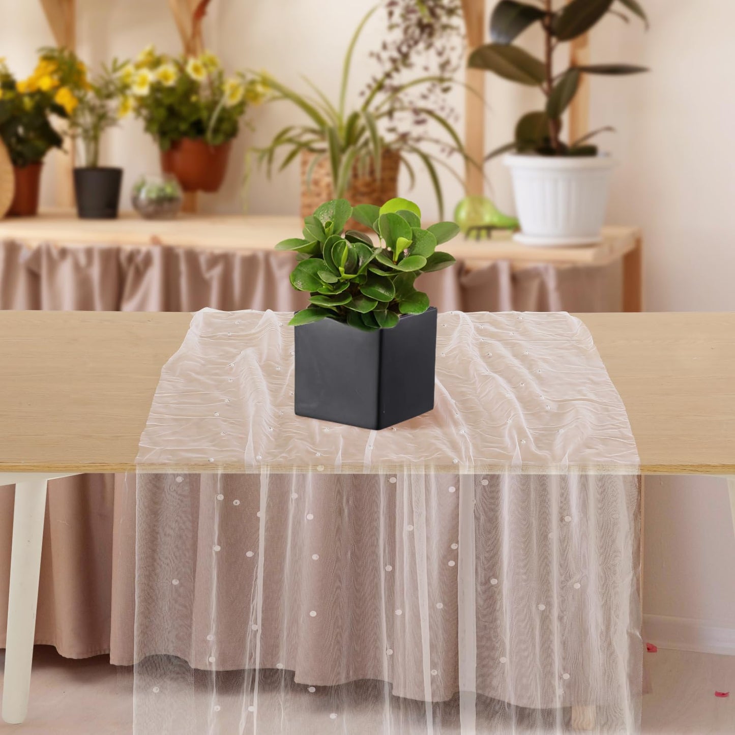 Yuanchu 10 Ft White Pearl Table Runner, White Tulle Table Cloth Lace Tablecloth Table Runners for Bridal Shower Birthday Party Wedding Arch Veil Dessert Table Decorations 29.5x120 Inches