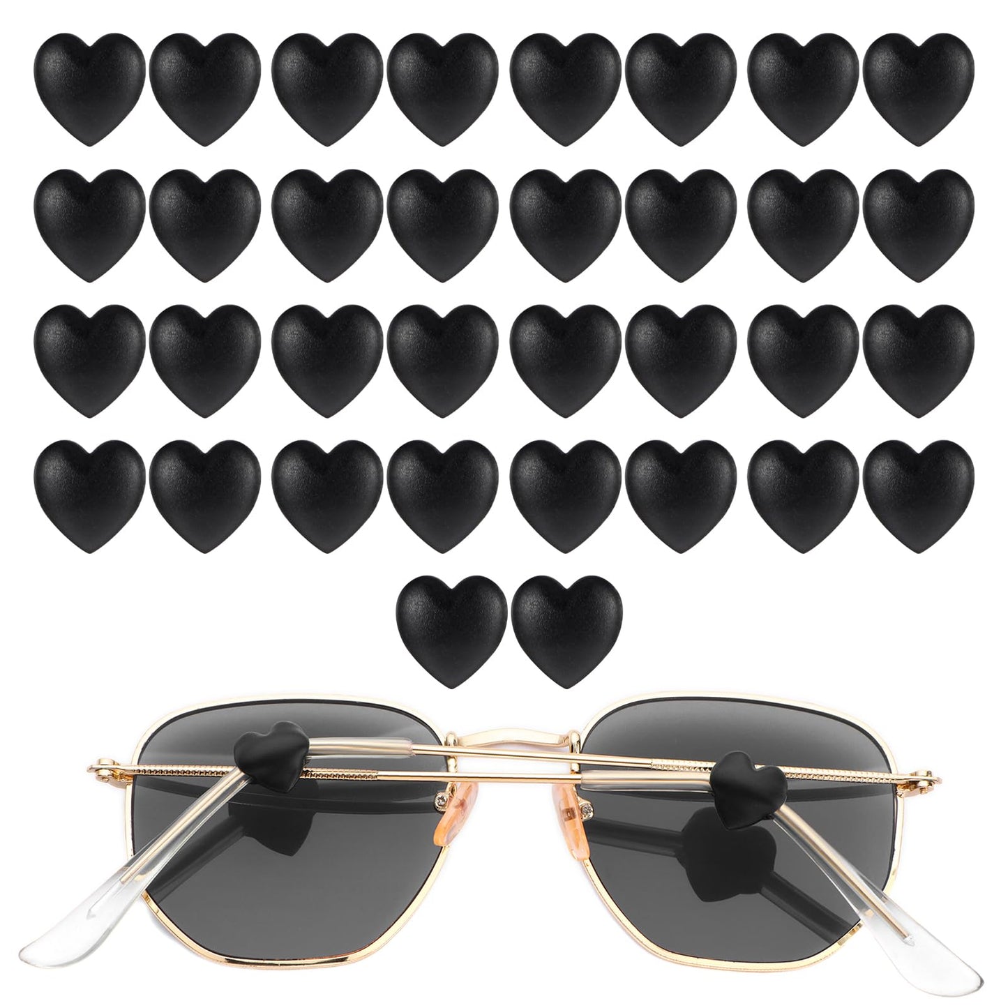 JIEYAO 32 Pcs Heart Eyeglass Ear Grip, Silicone Eyewear Retainer, Anti-Slip Ear Hooks Holder Cute Eye Glasses Ear Grippers Heart-Shaped Eyeglass Temple Tip Sleeve for Sunglasses Reading Glasses