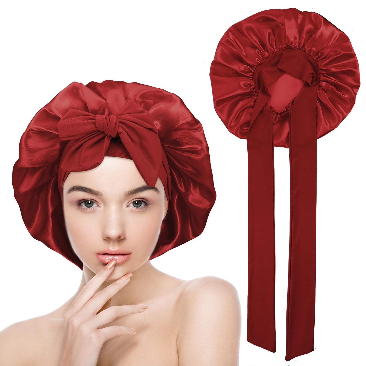 Yuanchu Silk Bonnet for Sleeping, Silk Bonnet Satin Sleep Cap Hair Cap for Night for Women Adjustable Sleeping Cap Soft Head Cap Sleep Cap Silk with Elastic Band for Women and Girls (Red Wine)