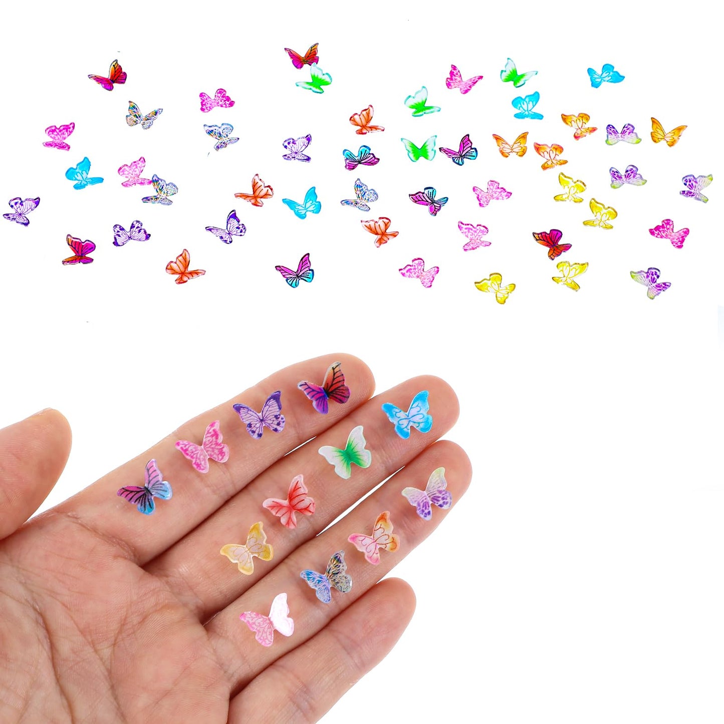 Yuanchu Pack of 48 Micro Butterfly Resin, Colourful Small Butterflies Decoration, Mini Miniatures, Dollhouse Accessories, 3D Butterfly Nail Charms, Landscape Decorations for Crafts, Terrarium Decor