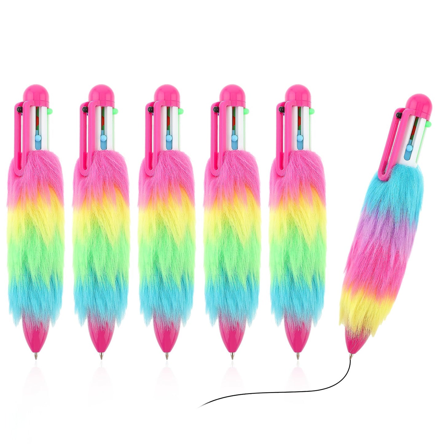 TIESOME 6-in-1 Fuzzy Pens, 6Pcs Multicolor Fluffy Retractable Ballpoint Pen, 6 Colors Shuttle Rainbow Pens Plush Pen Soft Aesthetic Multi Color Pen for Students Teachers Office School Supply