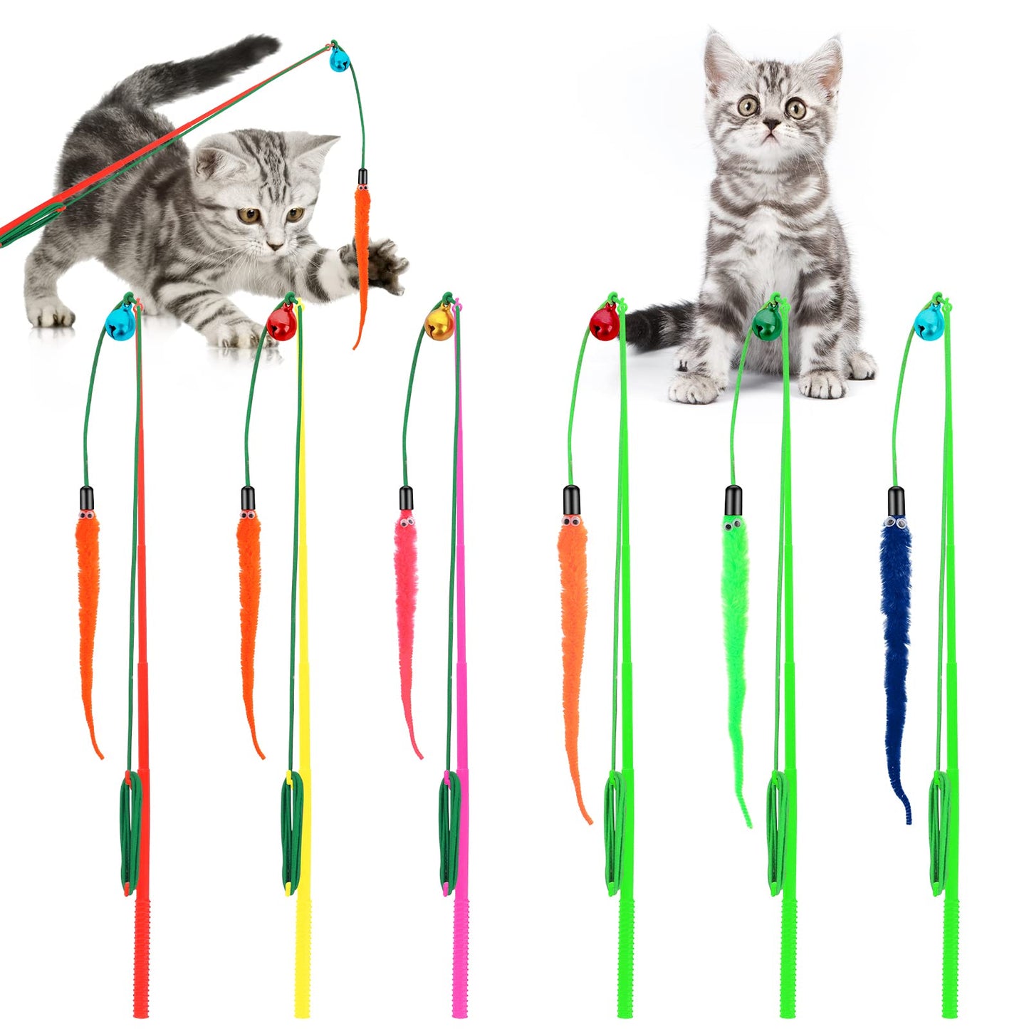 cobee Cat Feather Toys, 6 Pcs Cat Feather Wands Interactive Worm Teaser Toy for Indoor Outdoor, Cat Interactive Wand Toys with Worm Refills and Cat Bells, Cat Kitten Wire Chaser Fun Toys