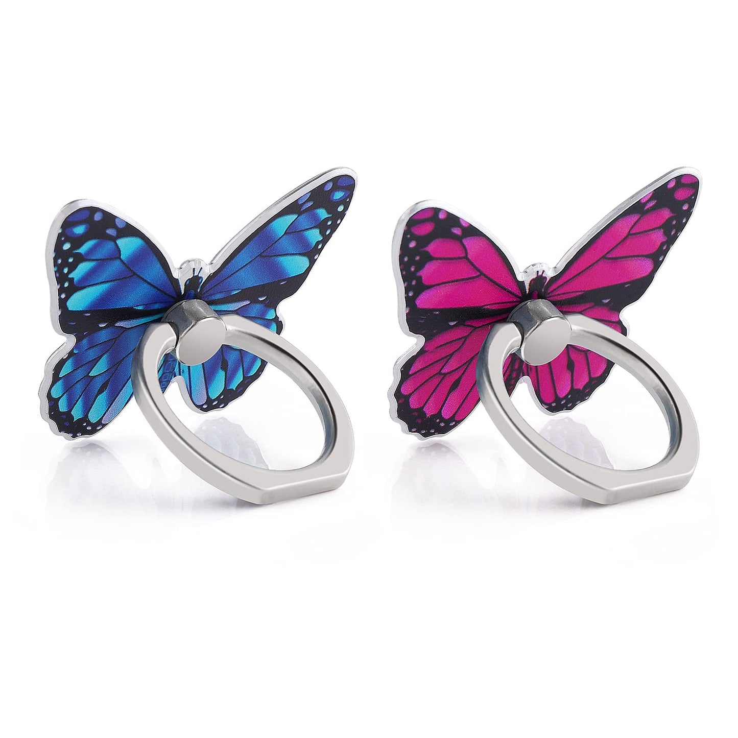 cobee Butterfly Cell Phone Ring Stand Holder, 2 Pcs Cute Butterfly Pattern Painted Metal Finger Stand Kickstand 360°Rotation Phone Ring Holder Stand Ring Hand Grip with Knob Loop(Blue, Rose Red)