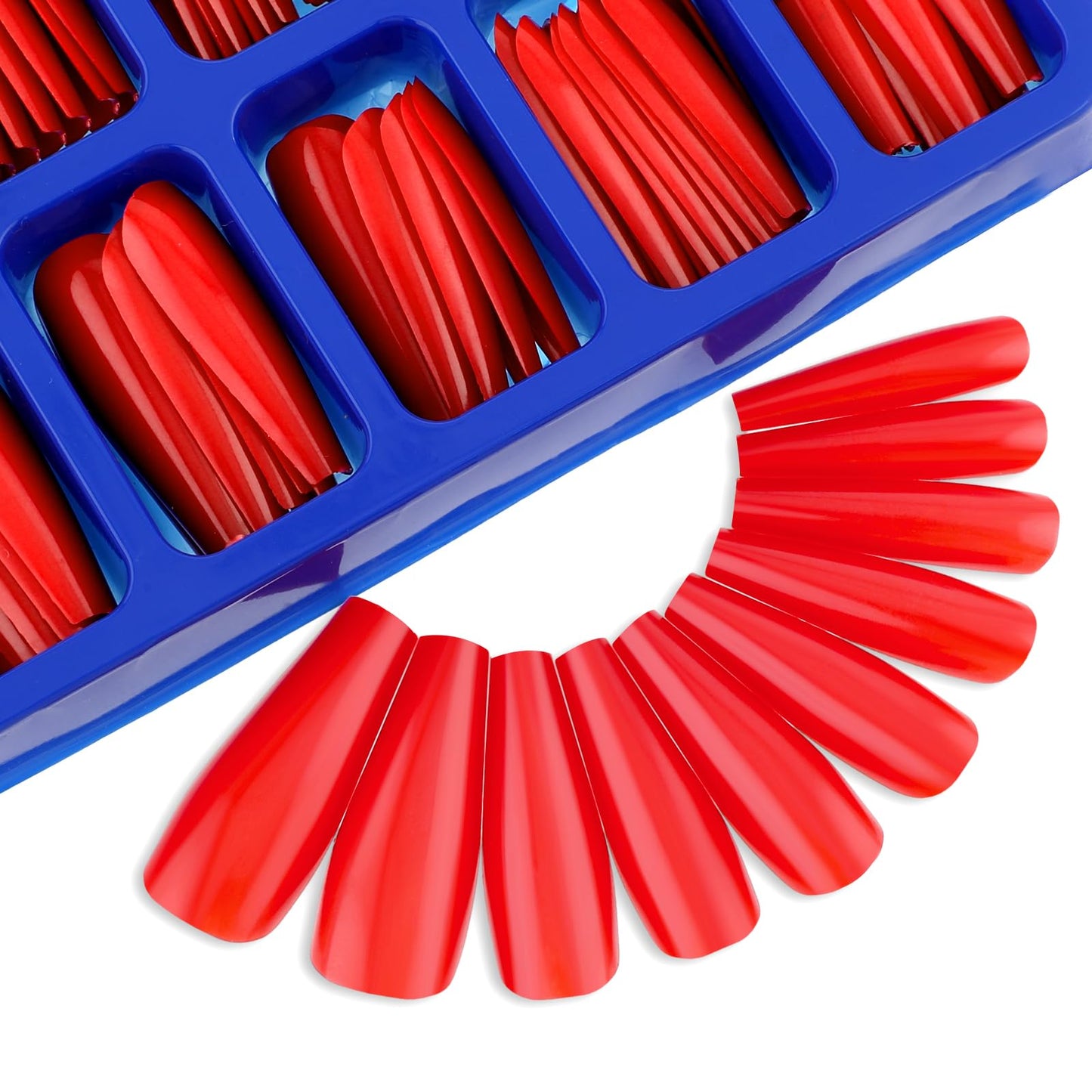 TIESOME 200PCS Long Coffin Fake Nails Tips, Solid Color Press On Nails Glossy False Artificial Nails Full Cover Nails Press On Nail Manicure Kit for Women and Girls Art DIY(Red)