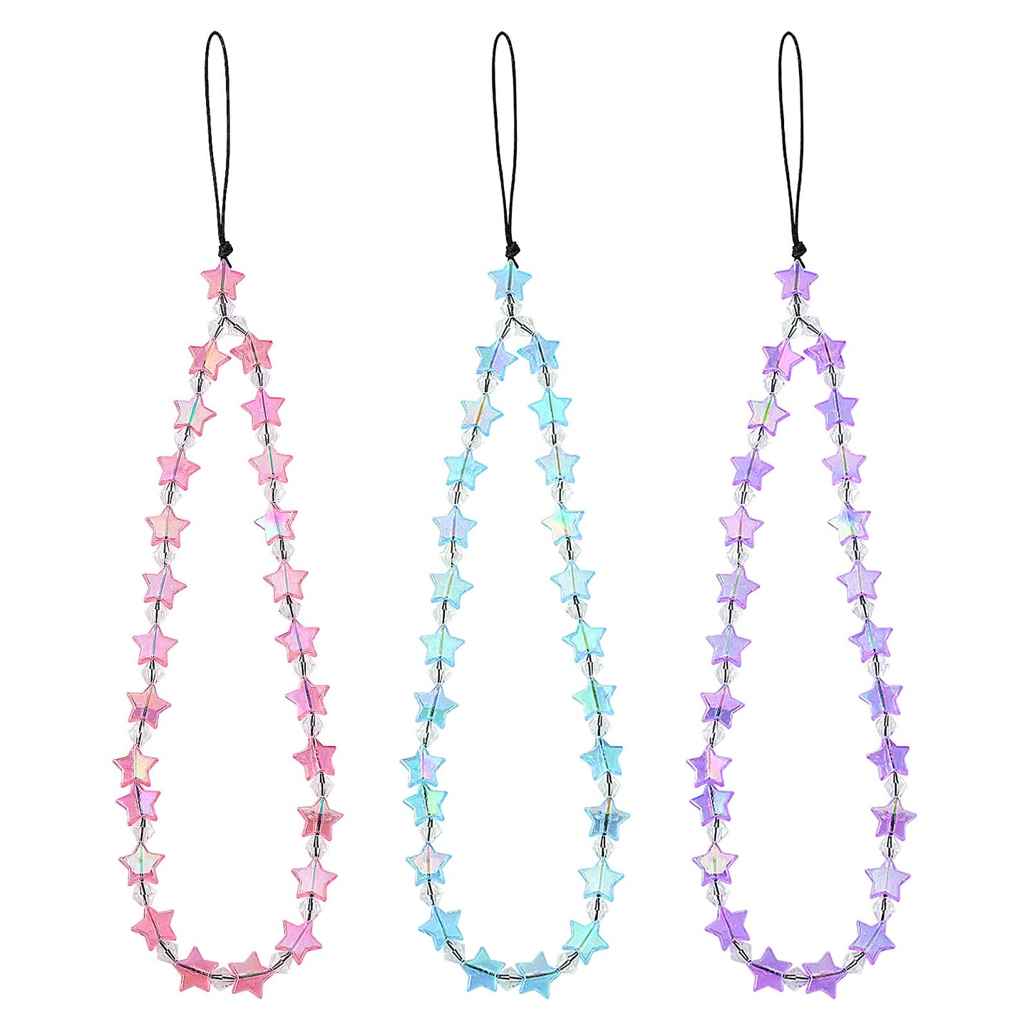 TIESOME 3Pcs Star Phone Charms Strap, Bling Pentagram Cell Phone Chain, Y2K Beaded Phone Charm Wrist Cute Mobile Phone Bracelet Aesthetic Phone Hanging Lanyard for Women Girls(B)