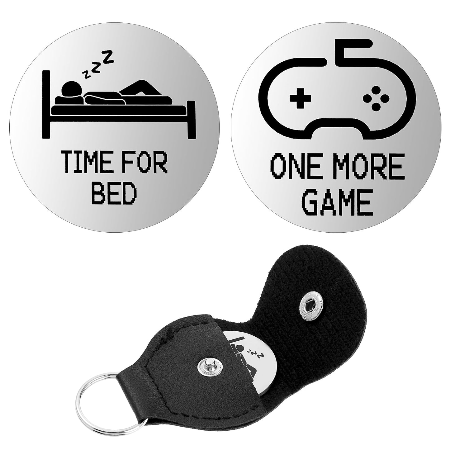 Amabro Funny Decision Coin, Double-Sided Decision Maker Destiny Flip Coins Gifts Token with Leather Keyring ONE MORE GAME TIME FOR BED for Games Lover Gamer Boys Girls Birthday Funny Gifts(Silver)