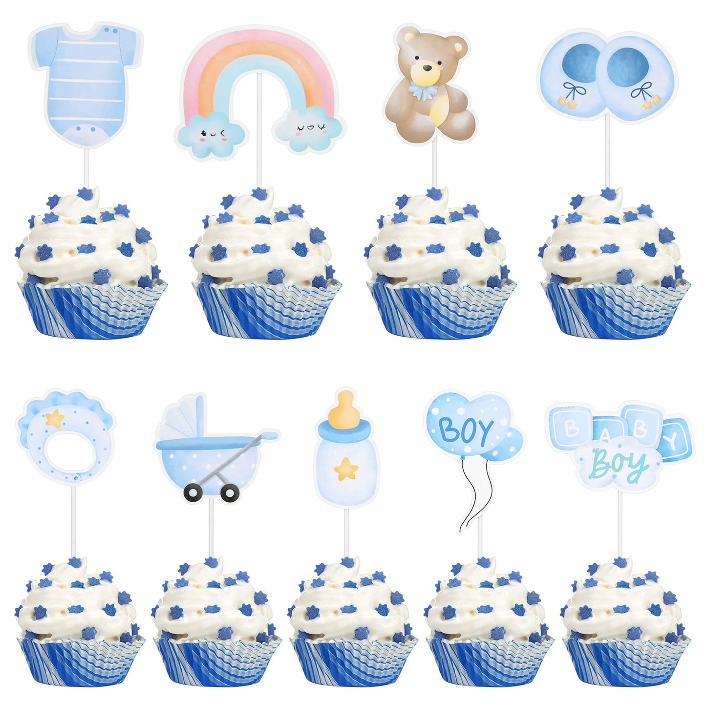 Yuanchu 36 Pcs Baby Shower Cupcake Toppers, Cupcake Picks for Baby Shower Gender Disclosure Party Decorations for Boy It's A Boy Kids Birthday Party Cake Decor Supplies(Blue)