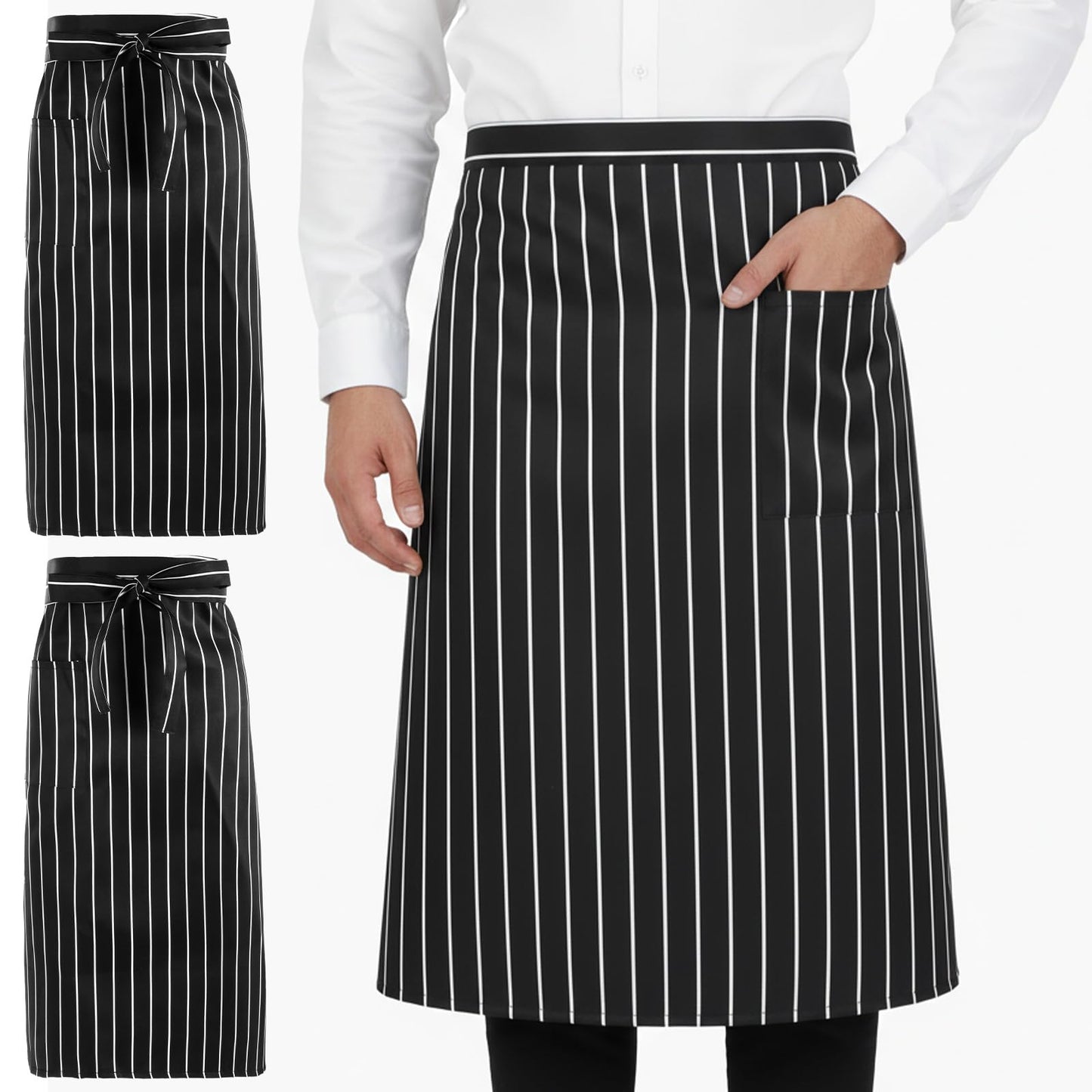 MBAIYO Pack of 2 Apron for Men and Women, Striped Design, Adjustable Long Waiter's Apron for Kitchen, Restaurant, Bistro, Florist, Cafe, 68 x 70 cm
