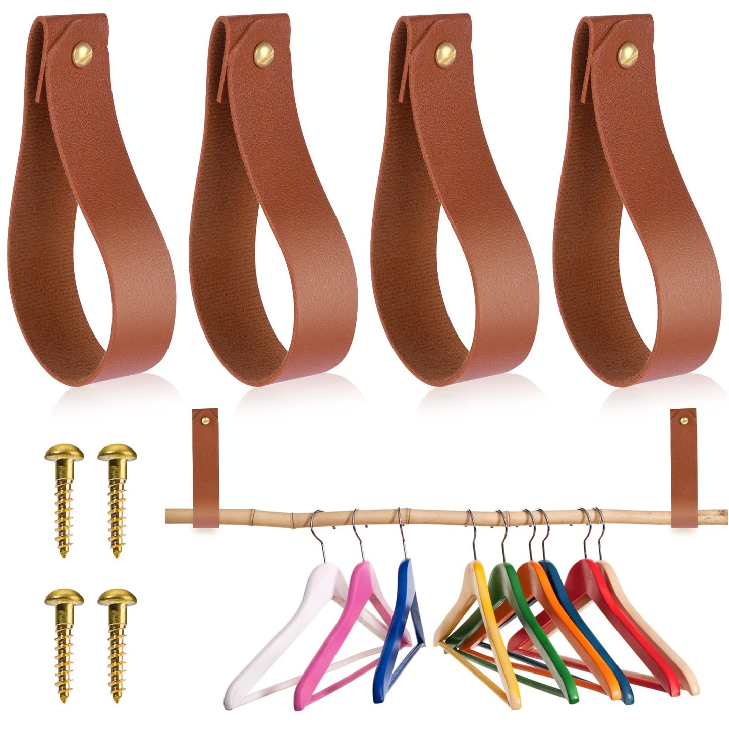 TIESOME Leather Hook Lanyard, 4Pcs Wall Hanging Straps Hanger Towel Hook Curtain Rod Holder for Bathroom Kitchen Bedroom Boho Style Decor(Brown)