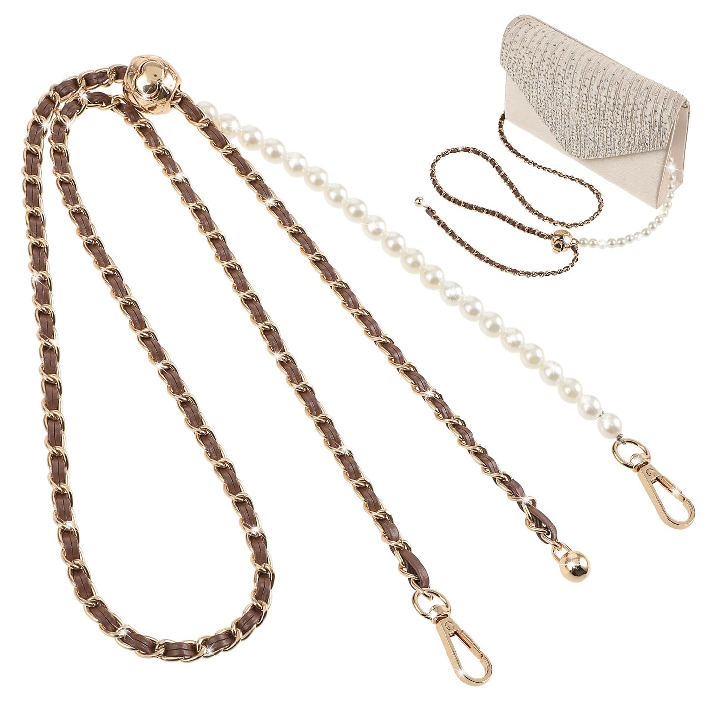 GEEHUA Thin Purse Chain Strap, 47.2in Adjustable Leather Strap with Gold Chain Imitation Pearl Crossbody Bag Chains Handbag Straps Bag DIY Decorative Chain for Shoulder Bag Wallet Clutch(Brown)