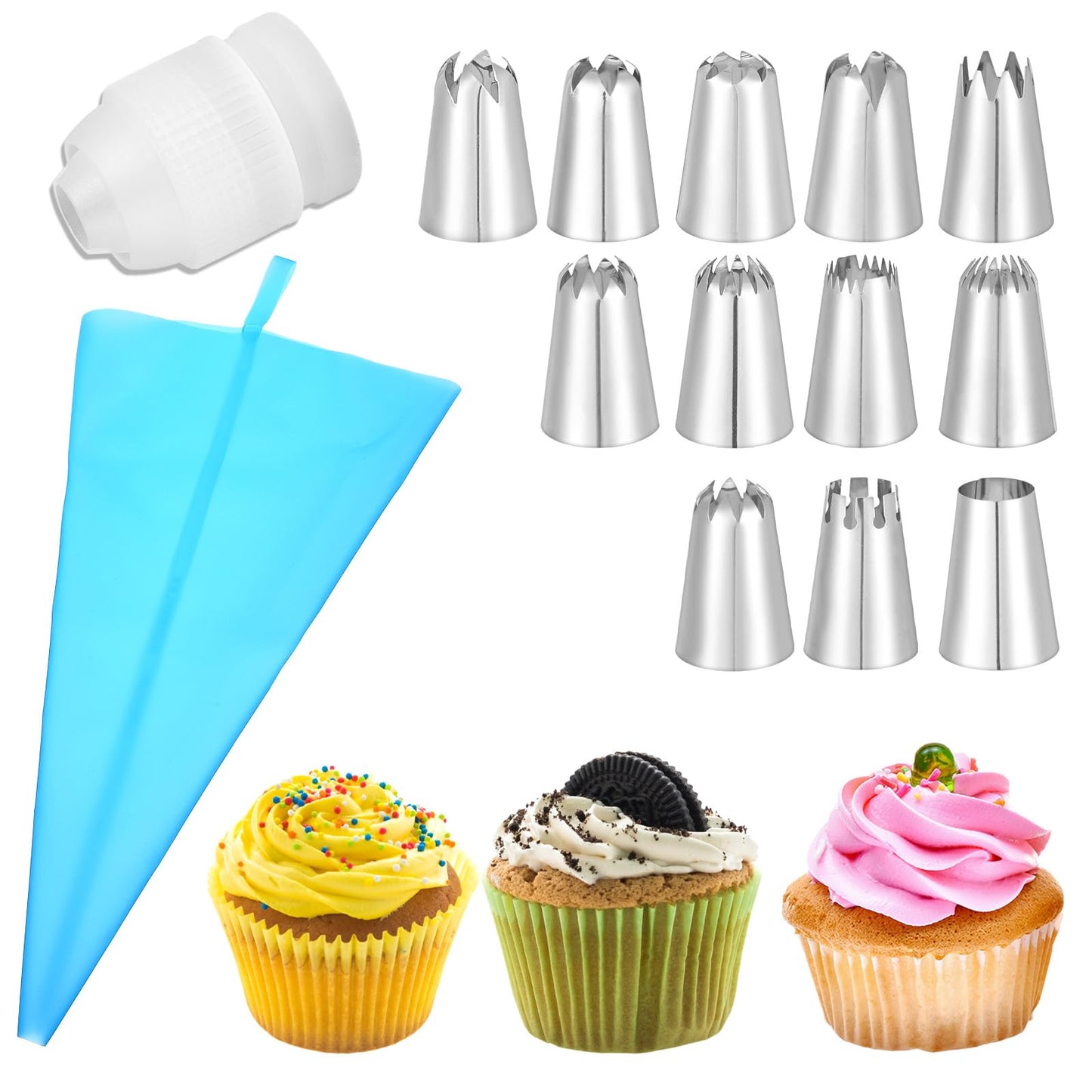 XLIUAX 14Pcs Large Piping Tips Set, Stainless Steel Icing Tip, Big Pastry Tips and Reusable Pastry Bag Frosting Icing Tip for DIY Cupcakes Pastrys Dough Cookie Cake Decorating