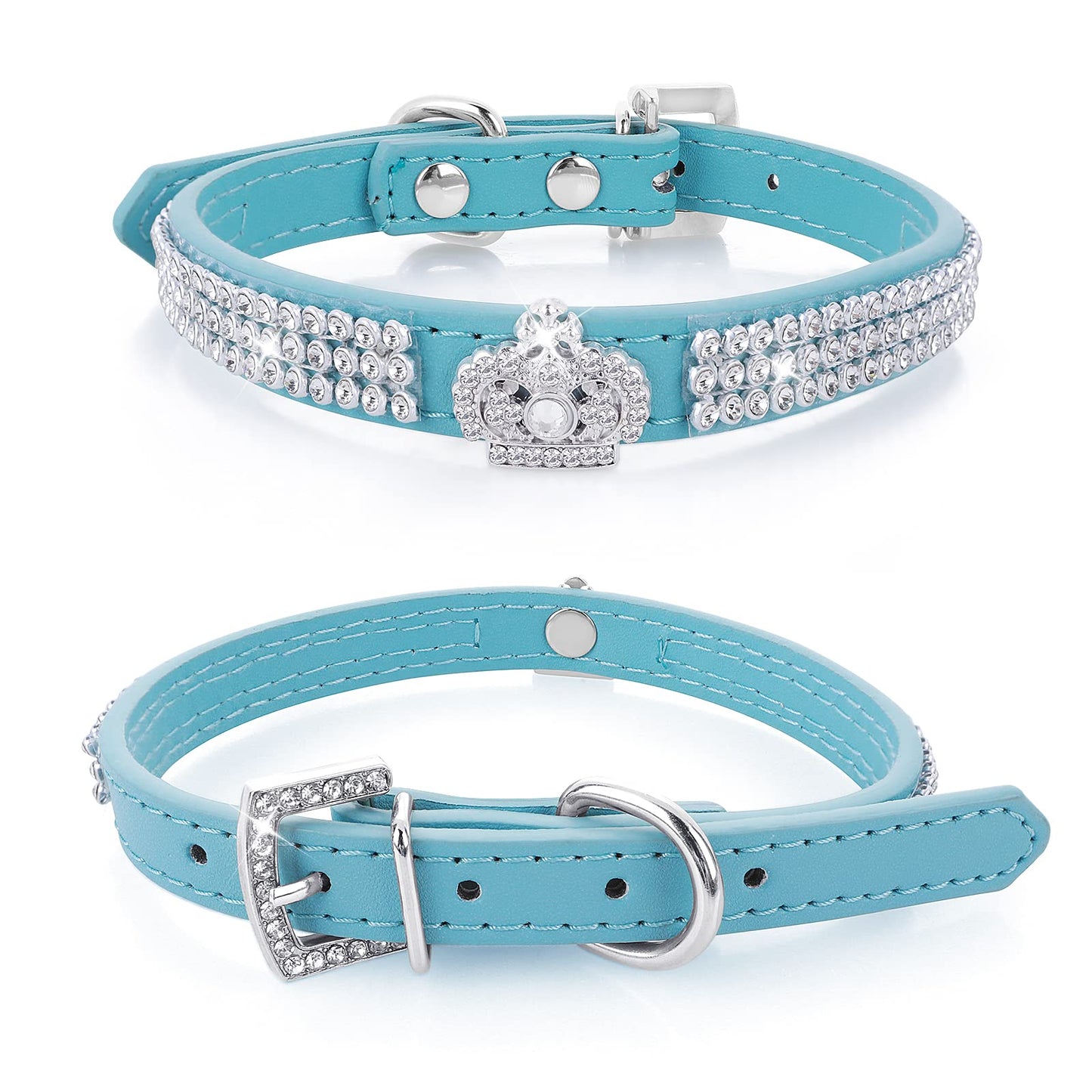 cobee Rhinestone Dog Cat Collar, Bling Adjustable Pet Collar PU Leather Puppy Collar Crystal Cat Collars for Small Dogs Cats(Blue)