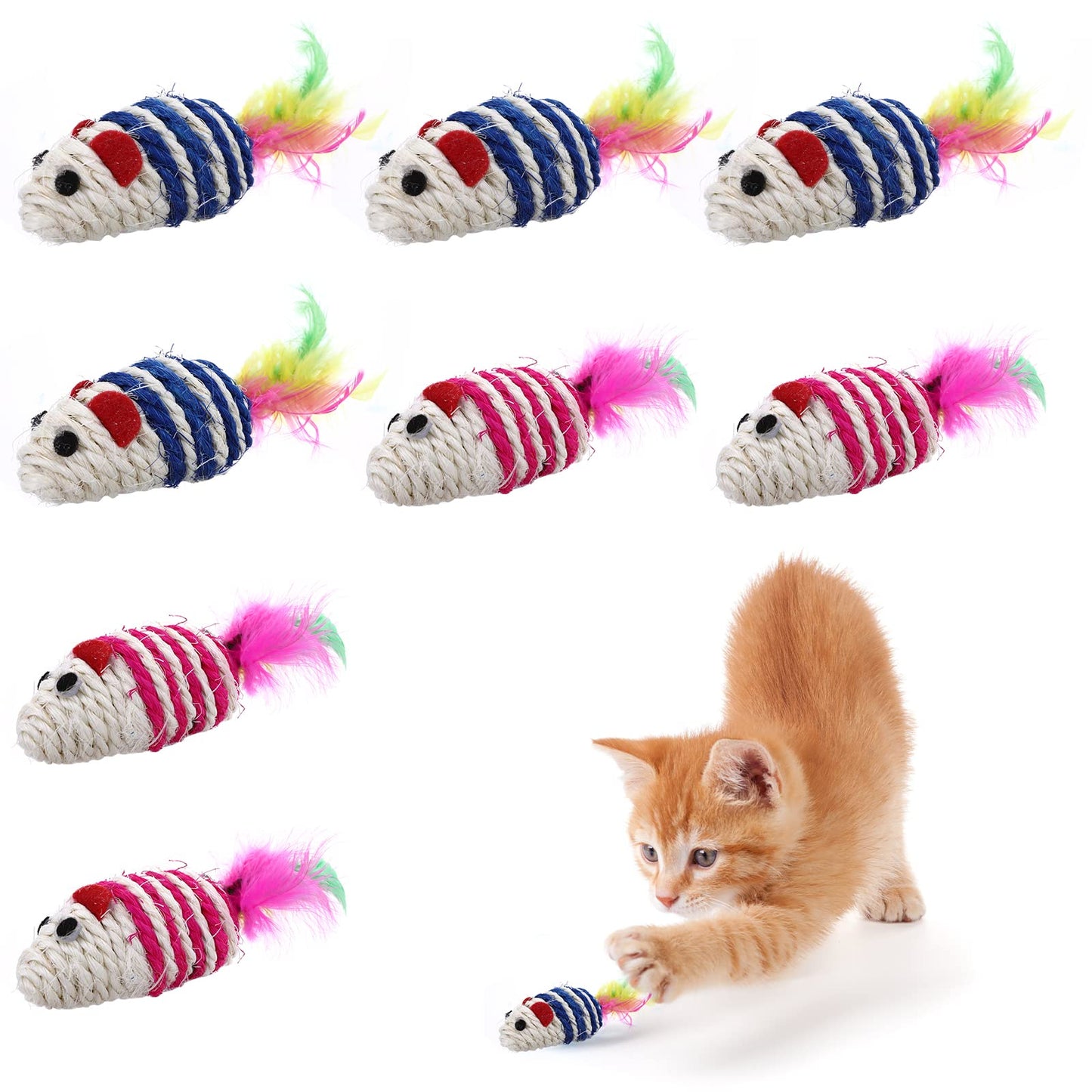 cobee Mice Cat Toys, 8 Pieces Cat Mouse Toys with Feather Cat Mice Chew Toys Interactive Toys for Indoor Cats and Kittens.