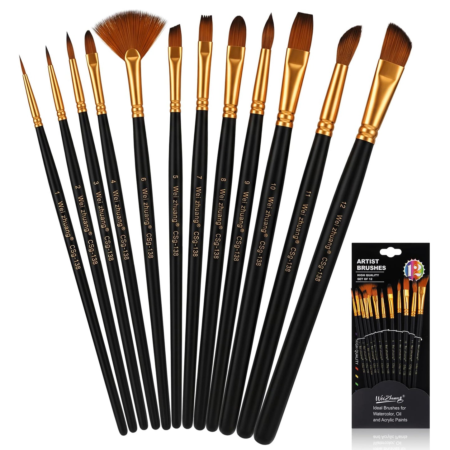 Amabro Nylon Brush Set, 12 Pieces Acrylic Paints Watercolour Brush Artist Brush