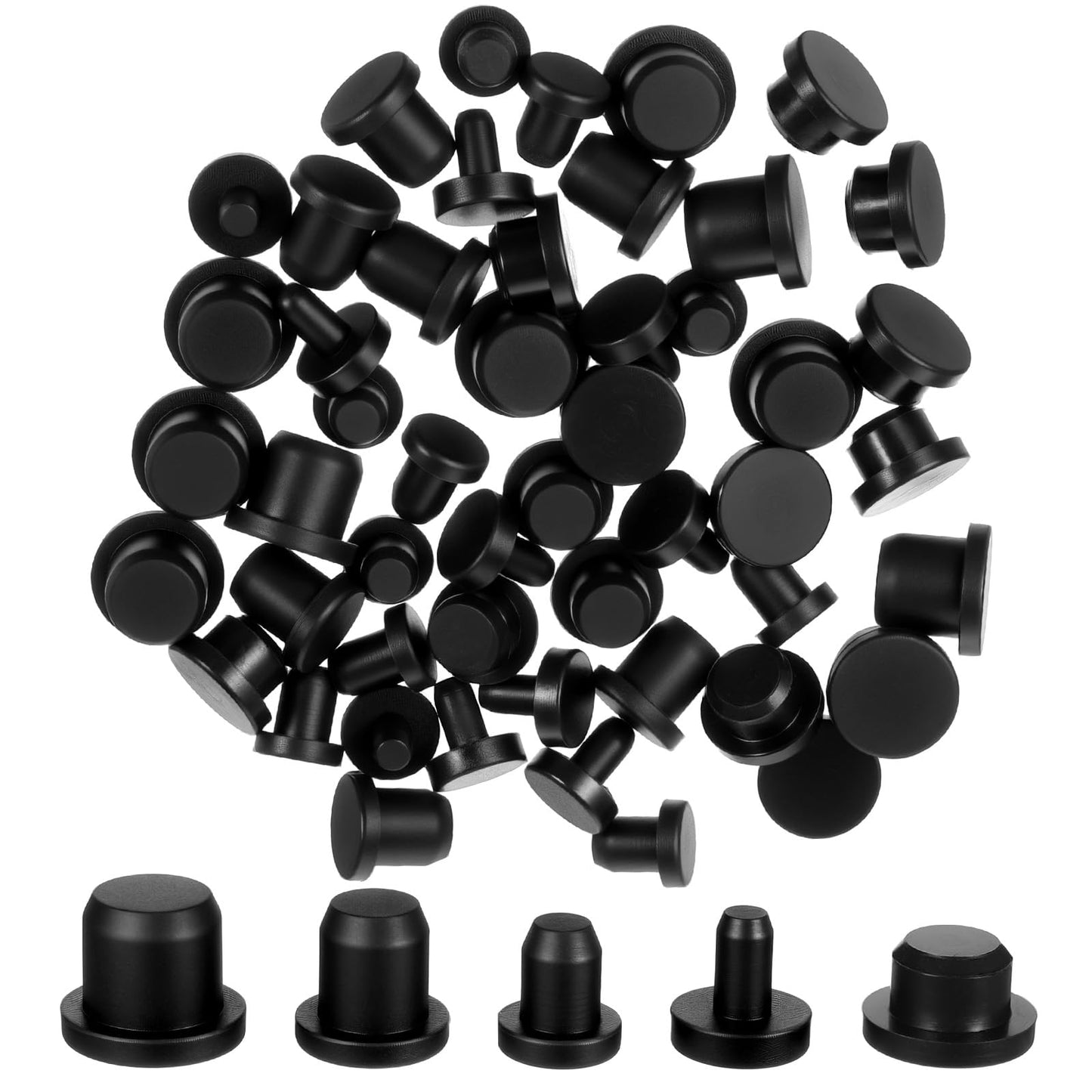 XLIUAX 50 Pcs Silicone Rubber Hole Plug, 5 Sizes Black Round Plug Cap Set Waterproof Button Hole End Covers Soft Flexible Stopper Fit for 4-9.5mm Inner Diameter Holes Bottles Pipes Test Tub