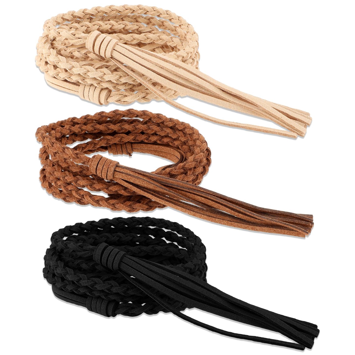 Giantree 3Pcs Women's Skinny Tassel Belts, Trendy Boho Thin Braided Belt Dresses Braided Waistband Woven Tassel Chain Belt Rope Belt for Skirt Dress Jeans Pants