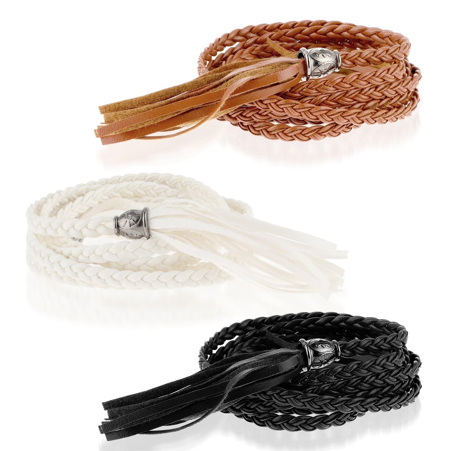 TIESOME 3 PCS Women's Skinny Tassel Waist Belt, Leather Braided Belt Thin Woven Waist Belt Boho Ethnic Style Belt for Dresses Skirts Tunics Black+Camel+White