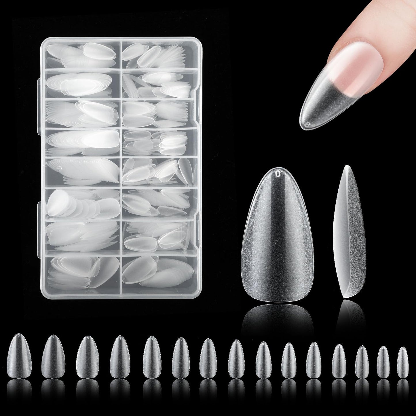 cobee PMMA False Press on Nails Long, 450pcs Pre-Etched Soft Gel Clear Matte Nail Tips 2mm Ultra Thin Full Cover Fake Nail Tips for Extension Nart Salon or Home DIY Nail Art, 15 Sizes(Almond)