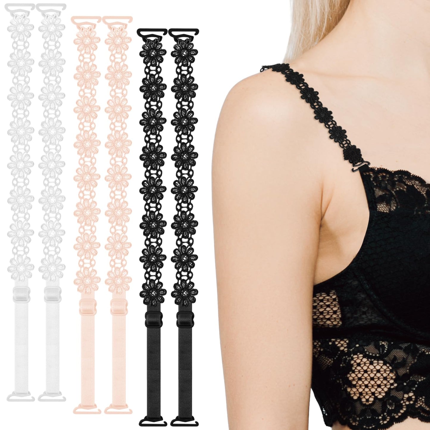 Molain 3 Pairs Women's Bra Straps Lace Flower Elastic Adjustable Underwear Strap Replacement Shoulder Non-Slip Lingerie Straps for Women Girls (White, Beige, Black)