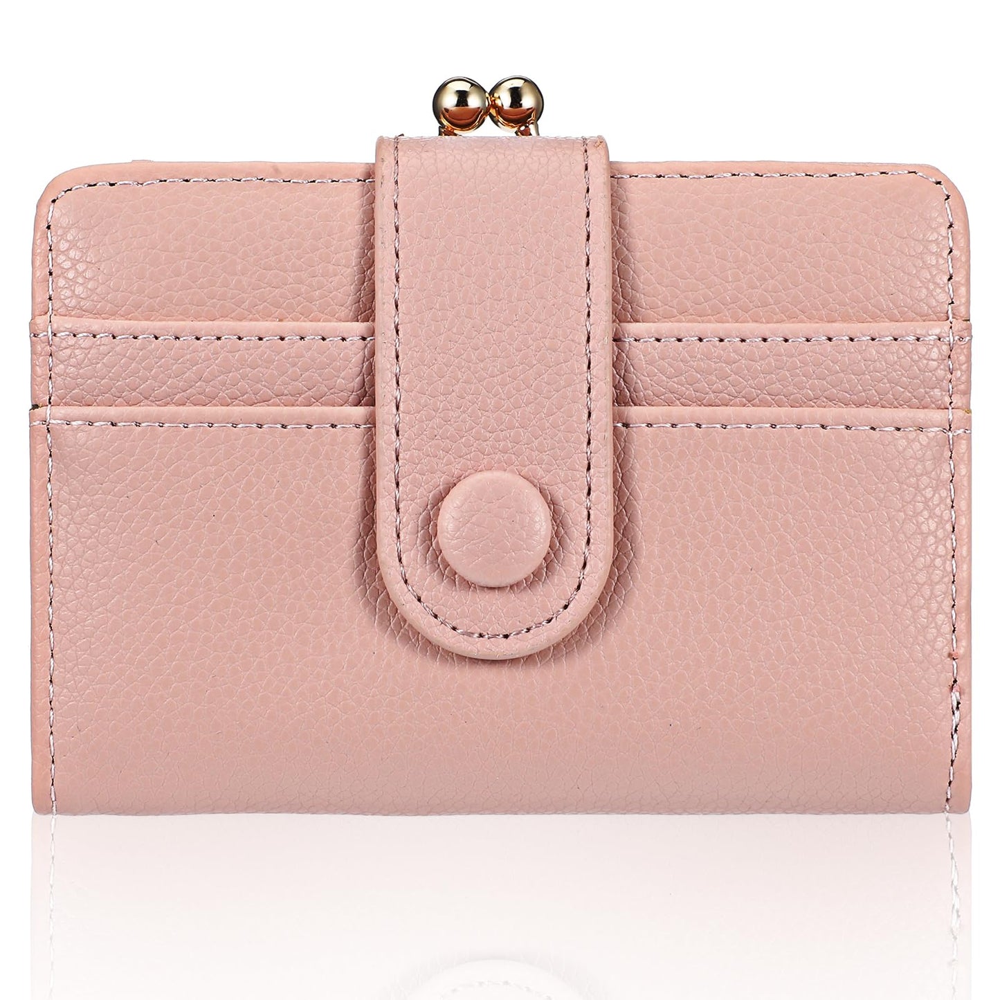 Yuanchu Women's Small 2-in-1 Removable Wallet 8 Card Slots Kiss Lock Coin Compartment PU Leather Women Large Capacity Purse Foldable Card Slots Buckle Wallet, pink, 12 x 4 x 8cm / 4.72 x 1.57 x