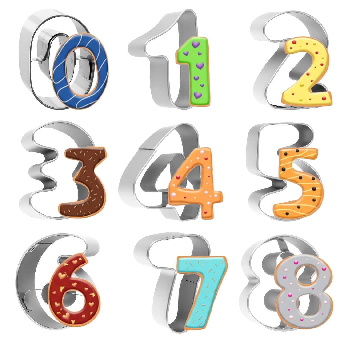 DOPENSPI 9 Pcs Mini Number Cookie Cutters, 1.5 inch Stainless Steel 0-8 Small Numbers Cutters Baking Tools Cake Decorating Number Molds Tiny Letter Cookie Cutter for Homemaking Fondant Biscuit Cake