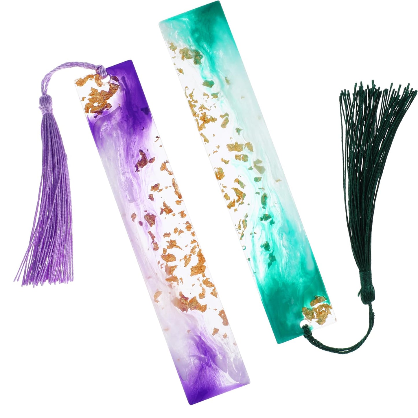 2 Pieces Resin Bookmarks Handmade Glittering Resin Bookmarks with Tassels Page Marker Cute Bookmark for Women Kids Book Lovers Gift(Green+Purple)