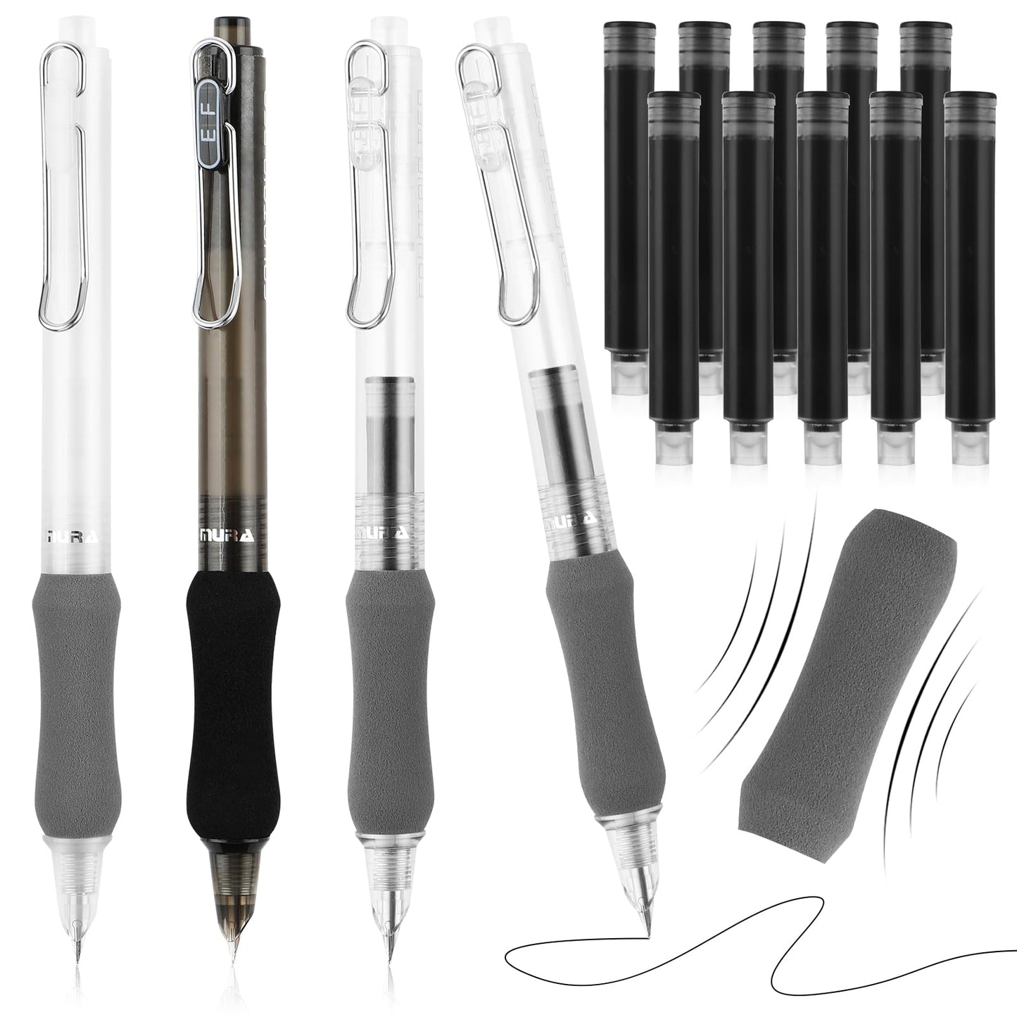 cobee Soft Grip Retractable Fountain Pen, 4 Pcs 0.5mm Fountain Pen with 10 Pcs Black Ink Sac Fine Point Writing Pen Calligraphy Pen for School Office Gift Supplies(A)