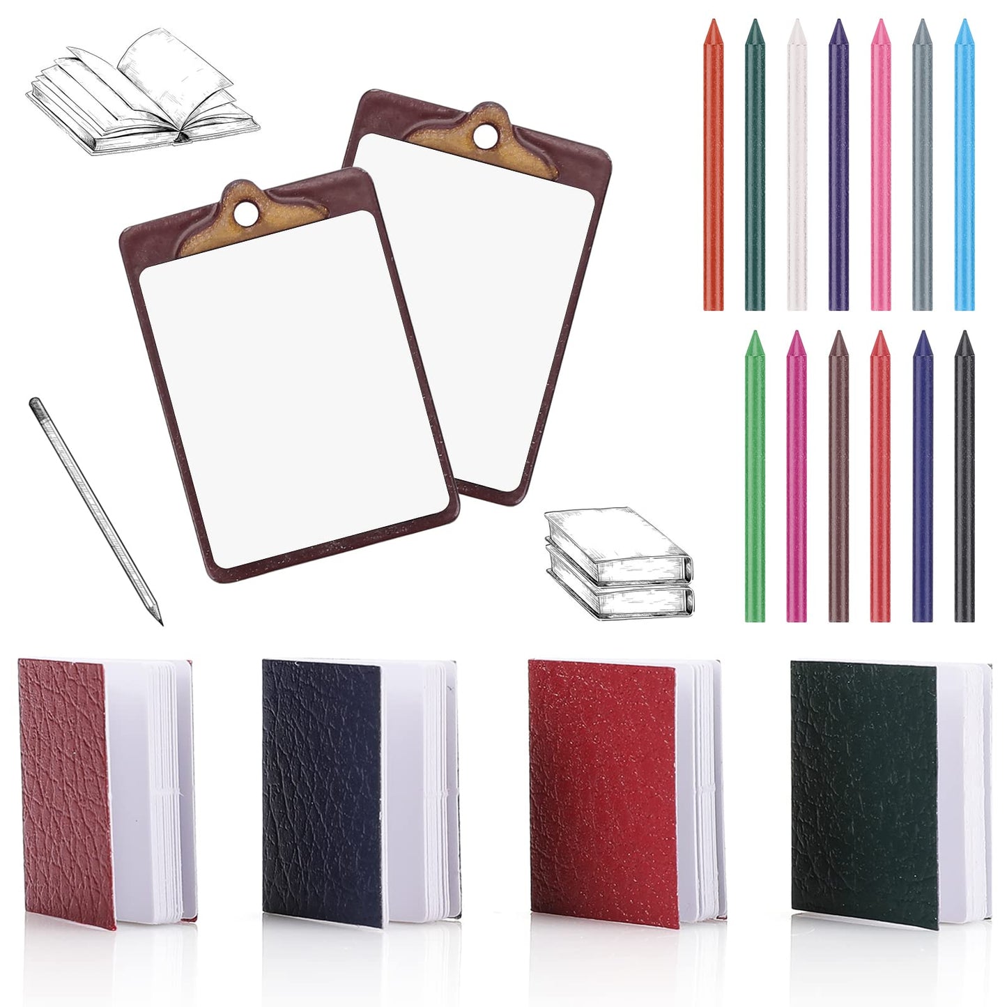 cobee Dollhouse Mini Book Clipboard Crayon Set, 19PCS Doll School Supplies Sets Miniature Book Clipboard Crayon 1:12 Doll House DIY Decor Doll School Playset Accessories