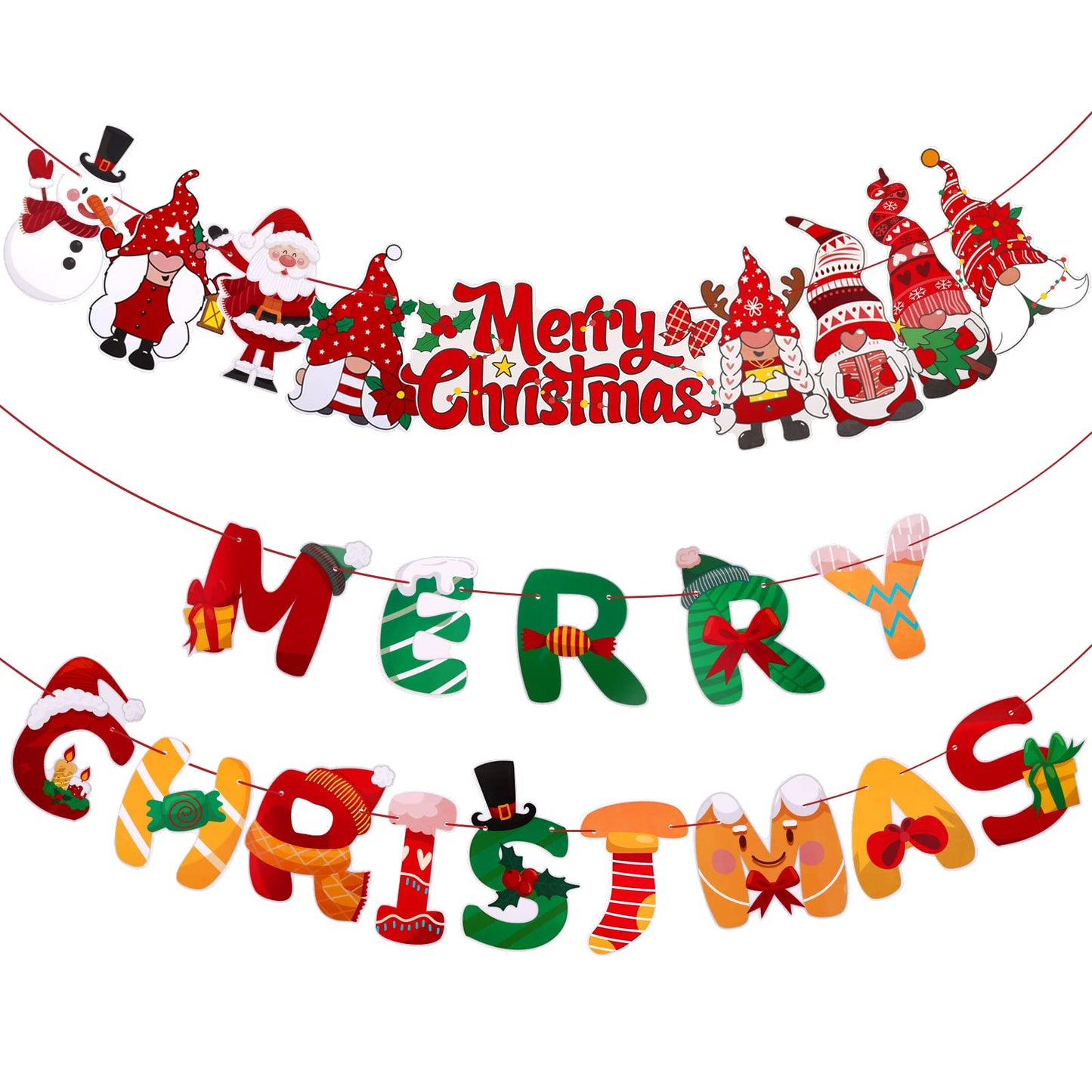 TIESOME Merry Christmas Banner, Xmas Signs Hanging Banner, Red Green Christmas Banner with Christmas Tree Santa Elk and Sock Snowman Ornaments for Home Wall Fireplace Party Supplies