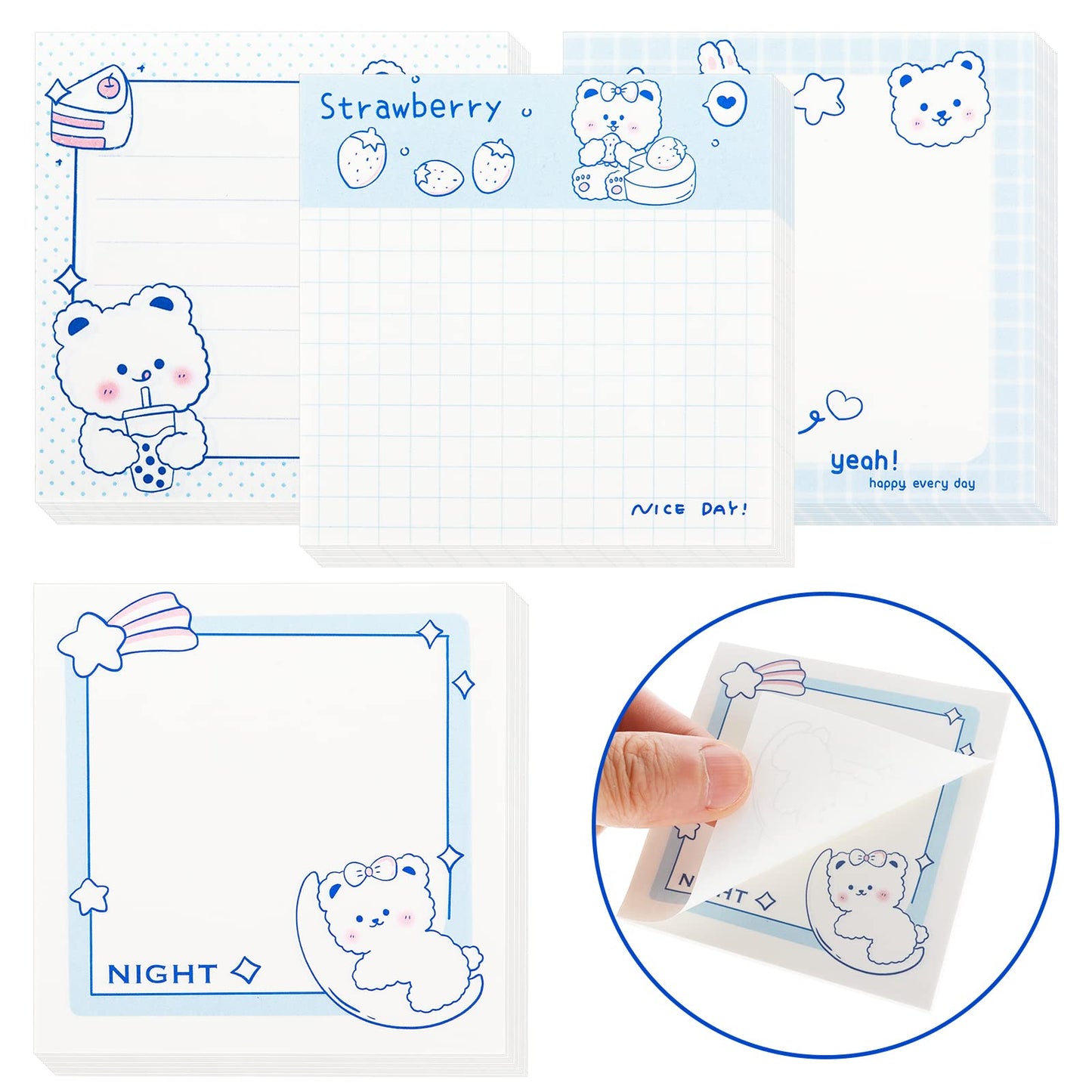 TIESOME Cute Sticky Notes, 4 Pack Cartoon Sticky Notes Cute Bear Markers Flags Self-Stick Memo Pads Students Home Office Roommates Gifts Tab Supplies 320 Sheets (inches, 3.14 x 3.14in)