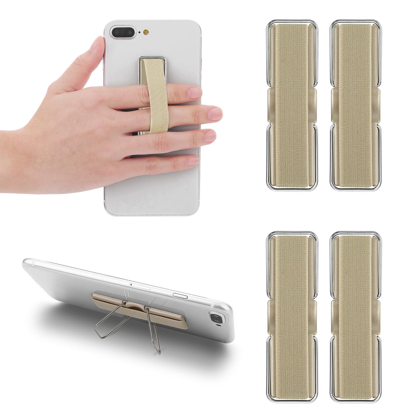 Cobee Finger Strap Phone Holder, 4 Pcs Cell Phone Grip Holder Elastic Kickstand for Mobile Phone Anti-silp Braided Finger Holder Band Compatible with Smartphones, Small Tablets(Gold)