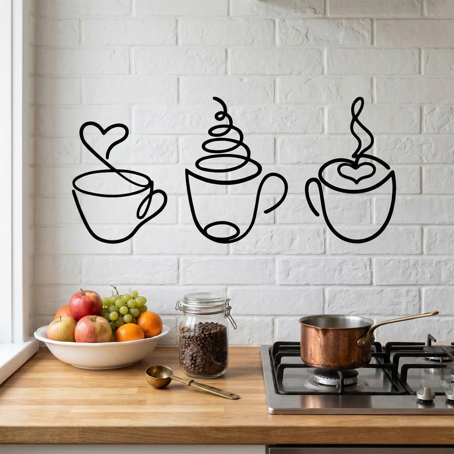 WJIAAA Metal Wall Decoration, Pack of 3 Coffee Cups, Wall Decoration for Kitchen, Living Room, Cafe, Hallway with Mounting Material, Black, Modern Wall Decoration (20 x 14 cm)