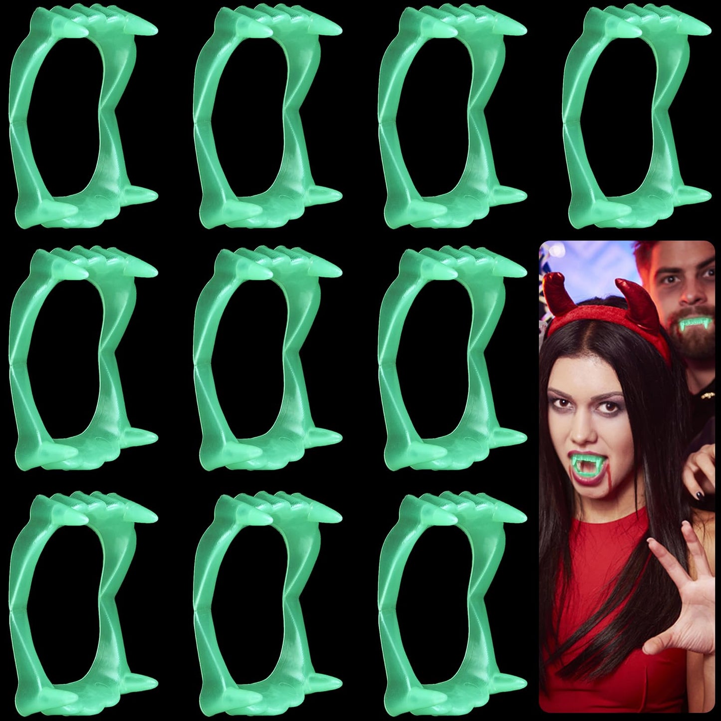 Amaxiu Glow in The Dark Halloween Vampire Fangs, 10 Pieces Glowing Fake Vampire Teeth Cosplay Props Vampire Teeth for Halloween Trick or Treat Party Favors