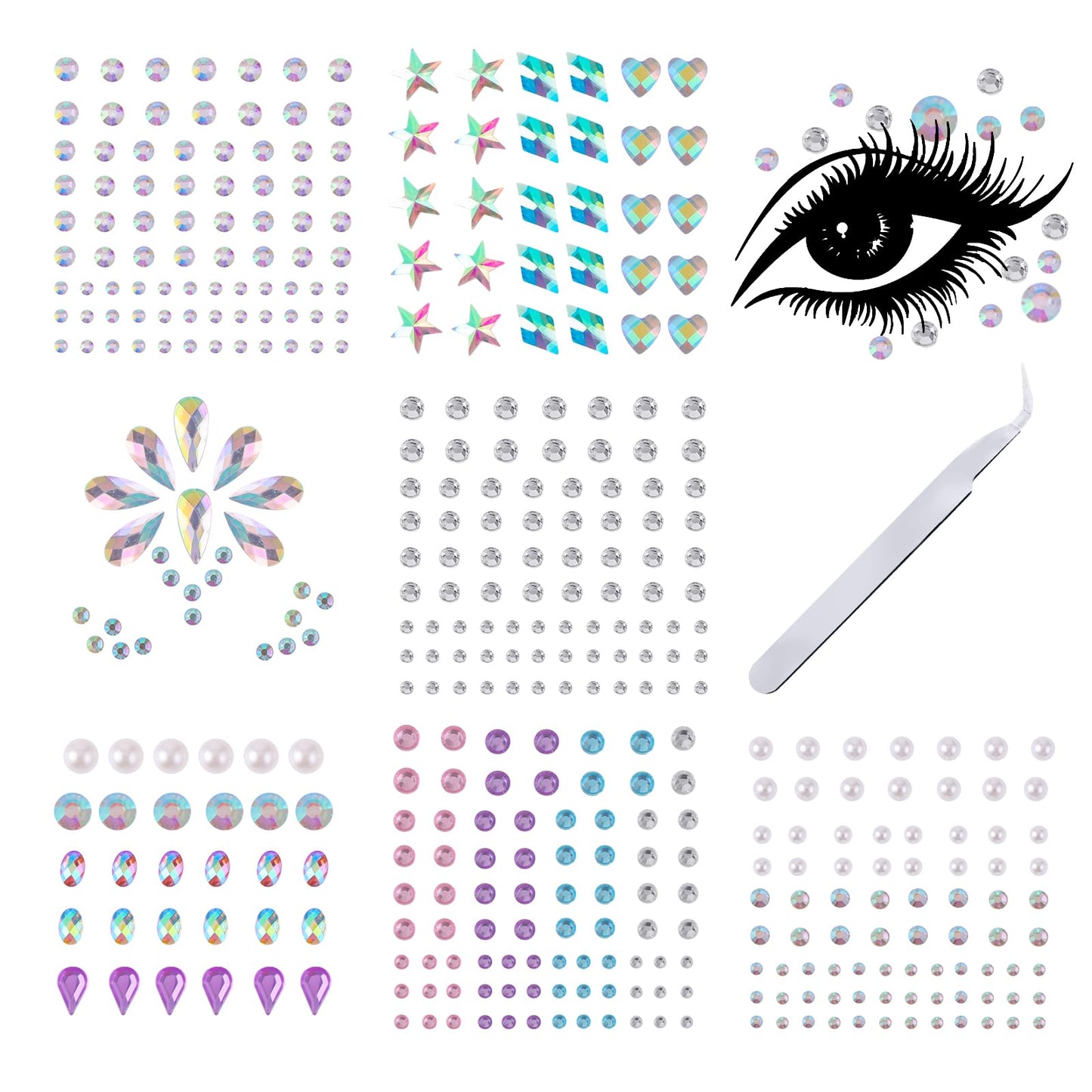 cobee Face Gems Stick On, 7Sheets Face Jewels Stickers with Tweezer Makeup Face Rhinestones Pearl Rhinestones Crystal Stickers Stick On Pearls Hair Gems for Face Eyes Hair Body Makeup(Colorful)