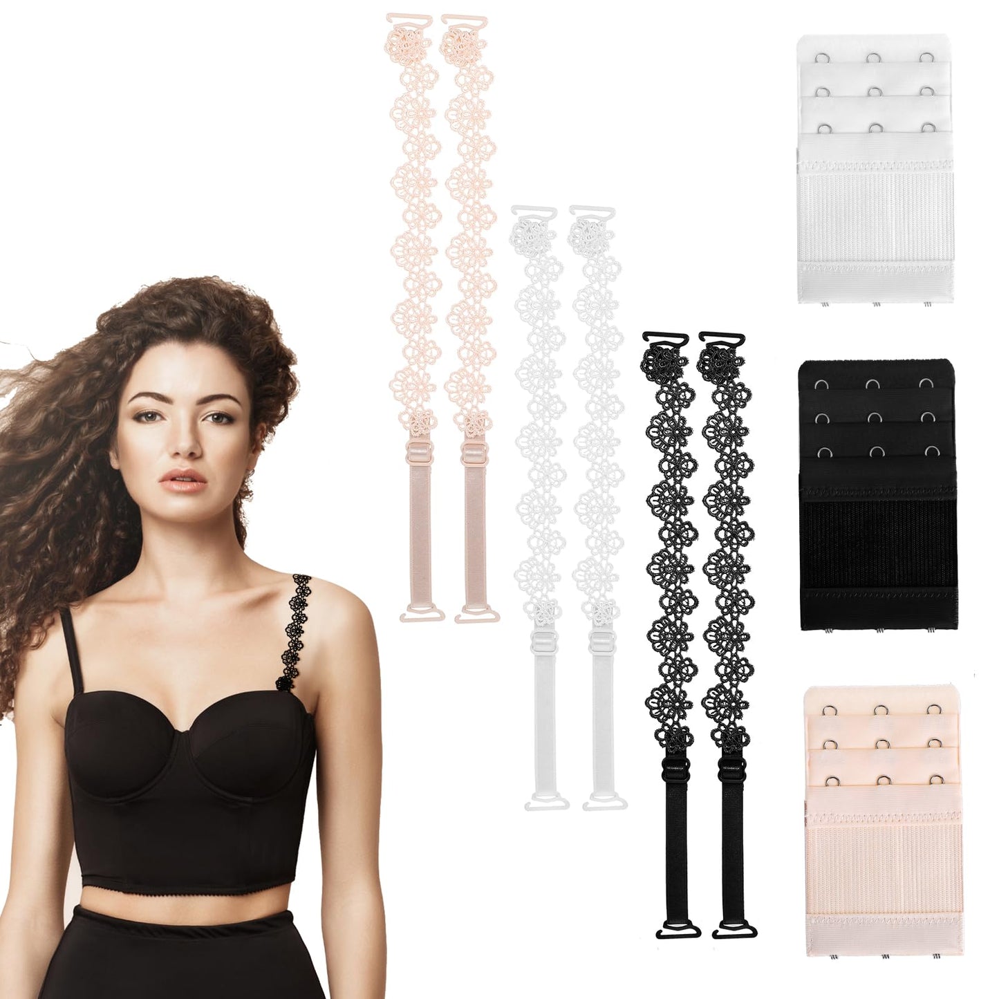 Yuanchu 6Pcs Women Bra Straps with 3Pcs Bra Extenders, Elastic Bra Strap Replacement Adjustable Lingerie Strap for Women Girl, Black,beige,white, One size