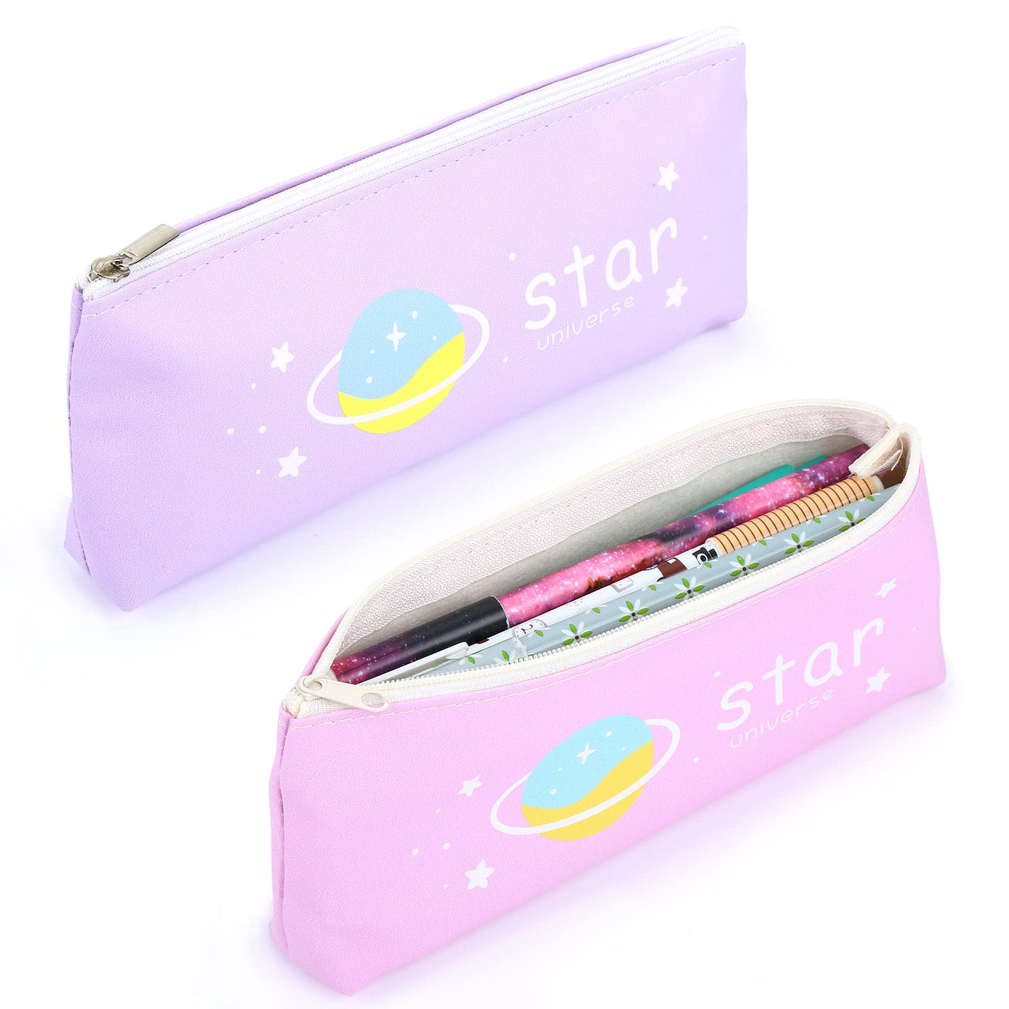TIESOME Leather Starry Sky Pencil Case, 2Pcs Cute Slim Pen Bag Pouch Bag with Zipper Stationery Bag Portable Cosmetic Bag for Pen Pencils Markers (Pink+Purple)