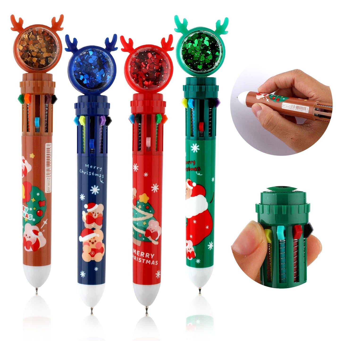 Amaxiu 10 in 1 Multicolor Christmas Ballpoint Pens, 4 Pieces Retractable Xmas Cute Cartoon Gel Pen Antlers 0.5mm Rollerball Pen for Kids Students School Office Supplies Gift,4 Styles