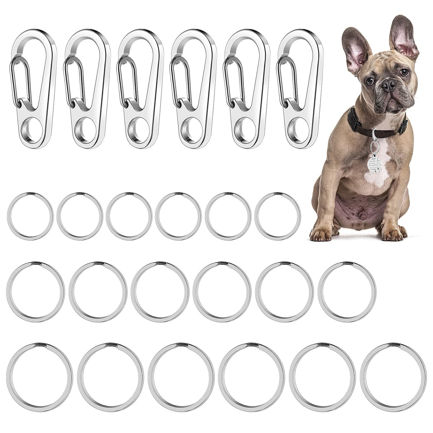 Molain Dog Tag Clips with Keychains, Durable Dog ID Tag with Tag Rings Stainless Steel Pet Tag Clip for Large Dogs Collar Harnesses 3.3 x 1.5 cm 6 Clips 18 Rings