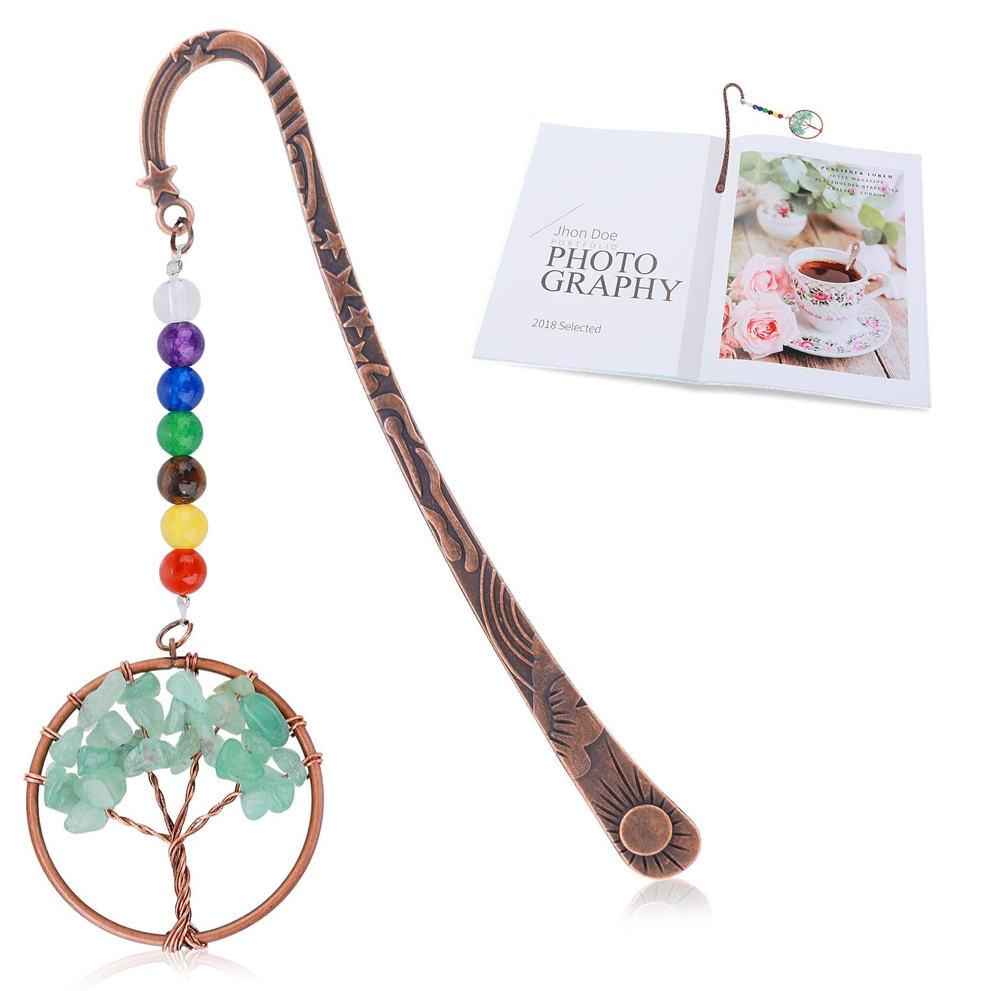 cobee Vintage Metal Bookmarks, Tree of Life Bookmark 7 Chakra Crystal Bookmark Healing Stone Vintage Bookmarks Antique Copper Metal Bookmark Beading Tumbled Gemstones Book Markers(Green)