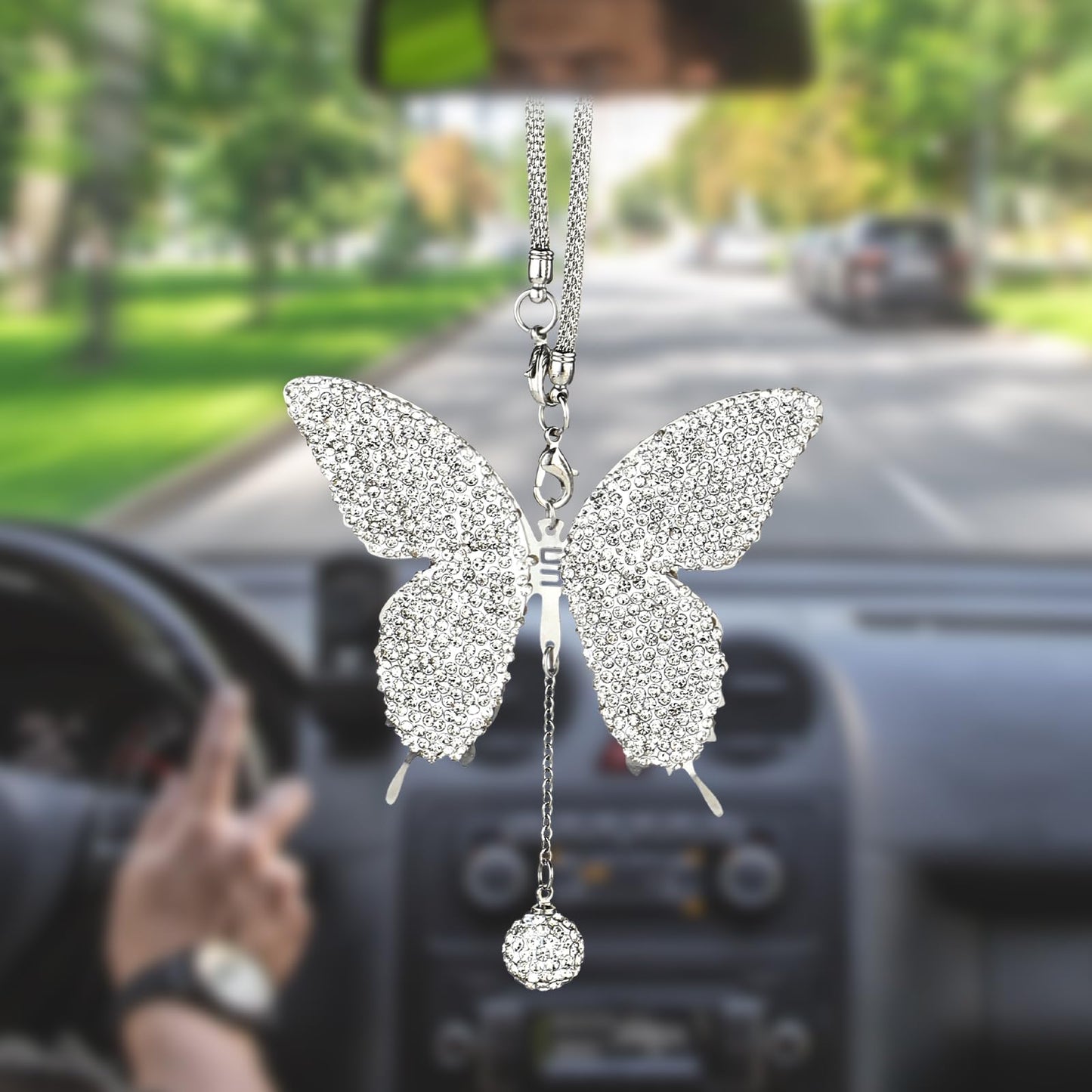 XLIUAX Bling Butterfly Diamond Car Hanging Accessories, Crystal Car Rear View Mirror Charms Lucky Hanging Interior Crystal Ornament Pendant Decor for All Cars(White)