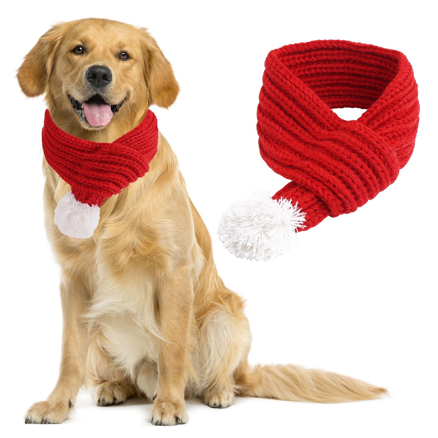 Amaxiu Christmas Cat Dog Scarf, Pet Santa Scarf Cute Knitted Winter Scarf Neck Warmer Costume Red Scarf with White Pompom Ball Xmas Dressup Outfit for Photo Props Gift Supplies (Large)