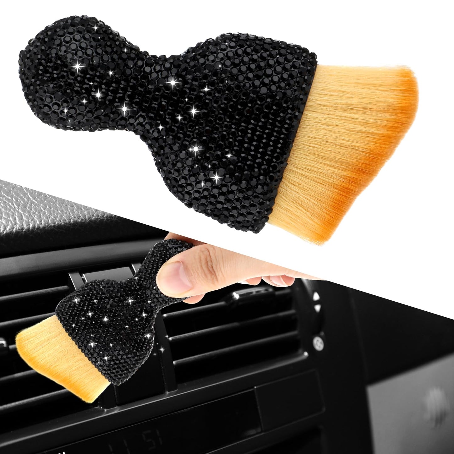 GEEHUA Rhinestones Car Interior Detailing Brushes, Bling Soft Bristle Cleaning Brush Diamond Auto Car Dust Sweeping Brush Curved Dirt Dust Collector Bling Car Dashboard Cleaning Tool for Women (Black)